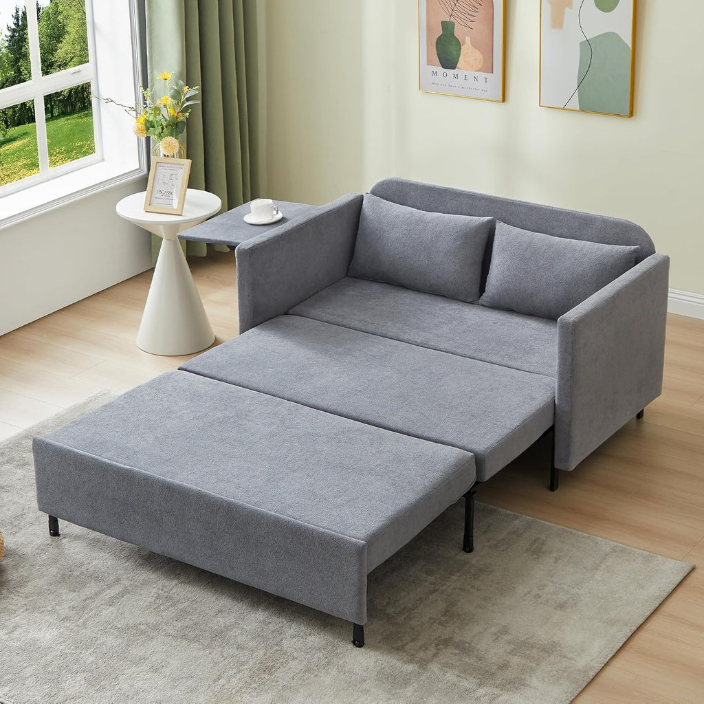 3-in-1 Sleeper Sofa Bed, 51'' Convertible Folding Couch with Pullout Bed, Chenille Futon Sleeper Sofa with Side Table and 2 Pillows, Modern Loveseat Couch for Living Room, Bedroom, Home Office (Grey)
