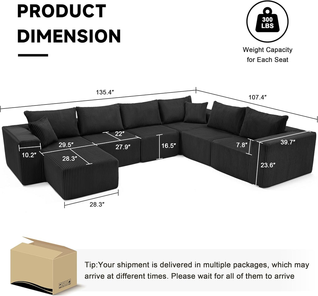Cloud Couch Sectional, Modular Sofa with Deep Seat, Convertible Sectional Couches for Living Room, Plush Corduroy U Shaped Boneless Couch (Black, 6 Seater & 1 Ottoman)