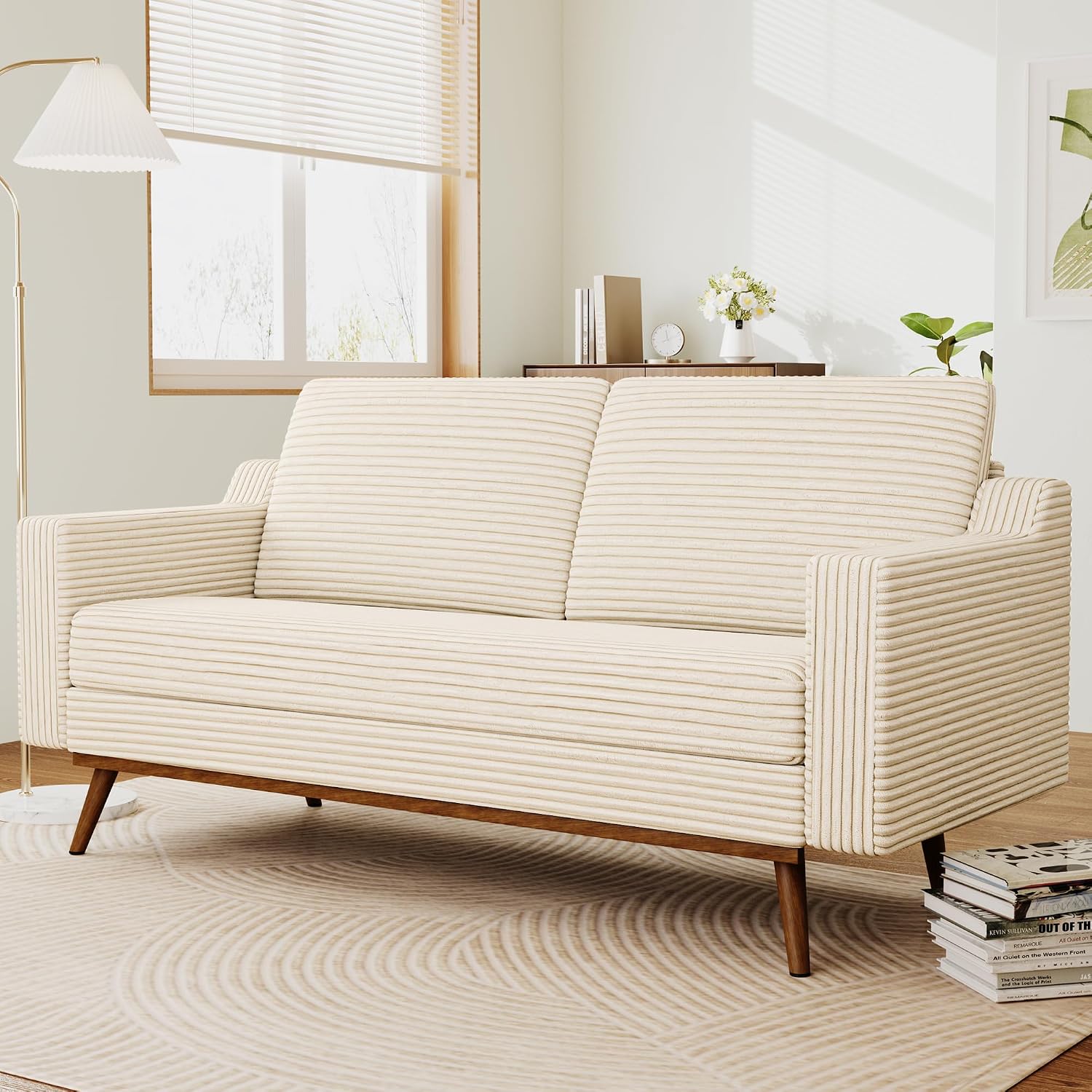 65.4' Loveseat Sofa,Comfy Cream White Corduroy Love Seat Couches for Living Room,Mid Century Modern Small Couch for Bedroom Office with Spring Cushion,Solid Wood Frame,Tool-Free Assembly