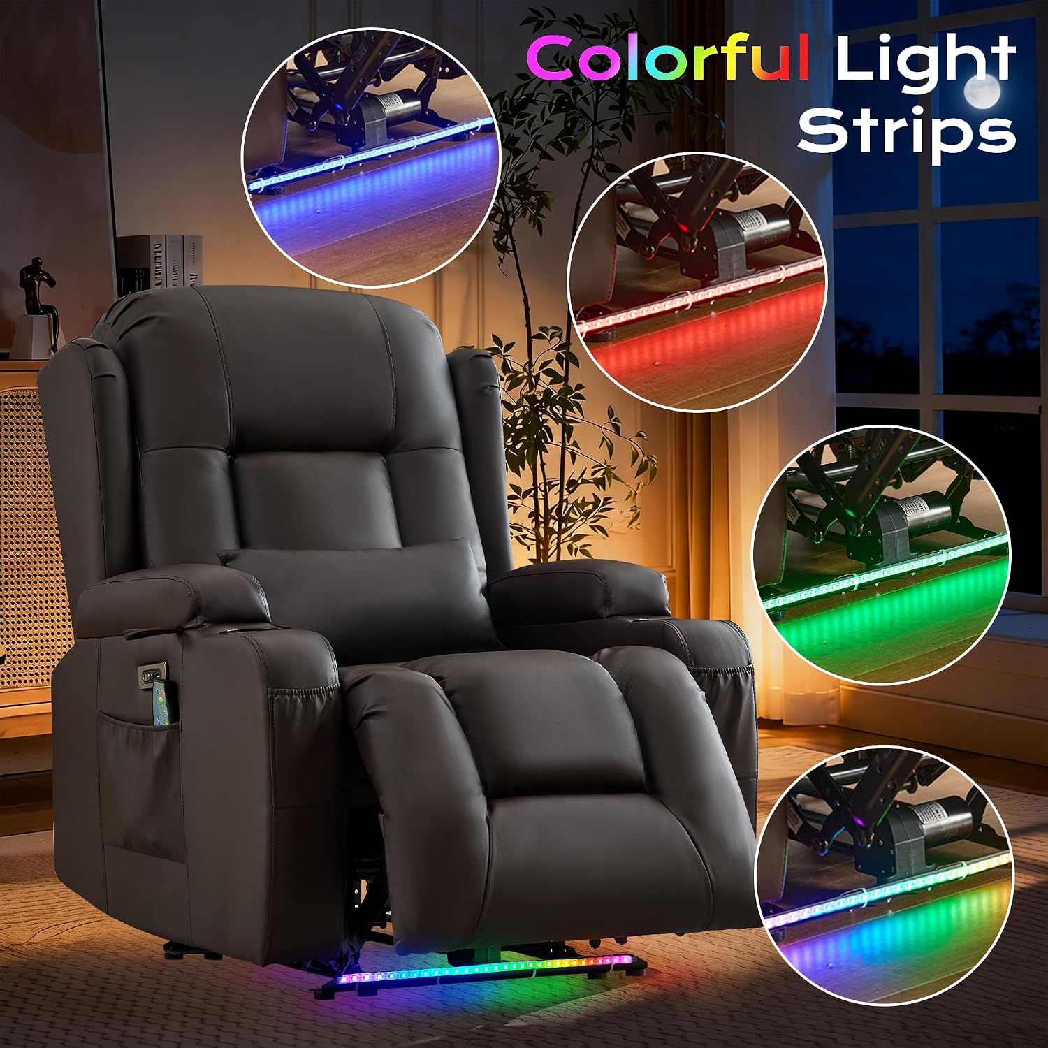URRED Recliner Chair with Massage and Heat, Power Reclining Sofa Chair Home Theater Seating with LED Ambient Light, USB Ports, Cup Holders, Side Pockets, Faux Leather (Brown, Set of 1)