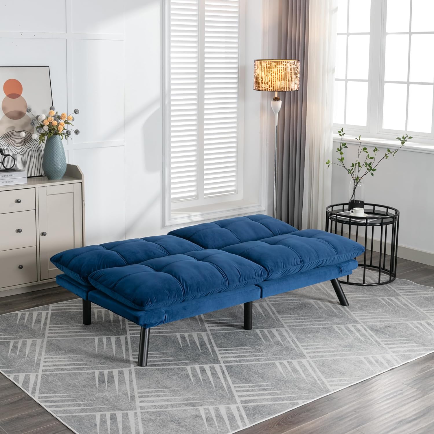 Convertible Futon Sofa Bed for Small Spaces, Modern Multi-Functional Sleeper with Adjustable Backrest, Tufted Brown Fabric Couch for Living Room, Apartment, Dorm (Navy Blue)