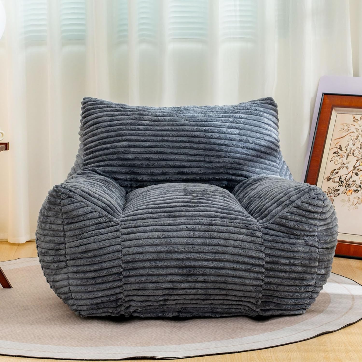 Bean Bag Chair for Adults, Comfy Corduroy Beanbag with Armrests, Lazy Sofa Floor Chair for Living Room, Bedroom, Dorm & Lounge, Cozy Fluffy Single Mini Couch (Gray)