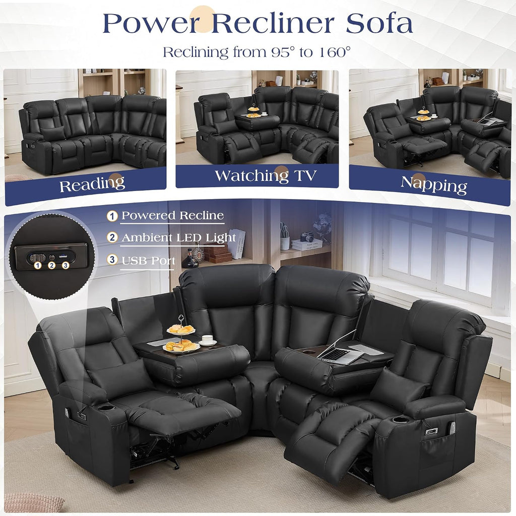 TUNYI Power Loveseat Recliner Sofa with Massage & Heat Home Theater Seating with Console RV Recliner Loveseat Sofa with USB/Storage/Side Pocket/LED Light/Speaker (Black, 4 Seat with Corner)