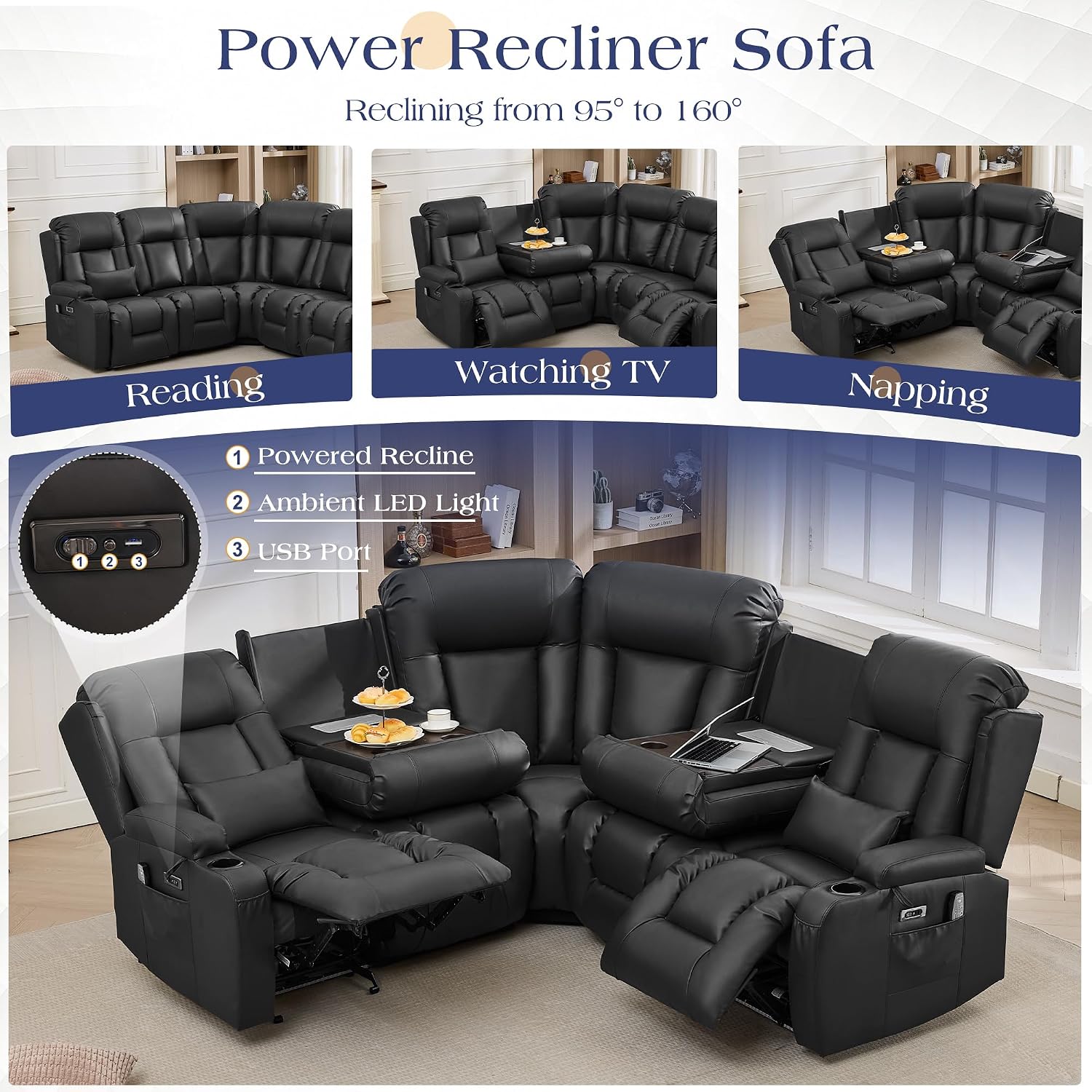 TUNYI Power Loveseat Recliner Sofa with Massage & Heat Home Theater Seating with Console RV Recliner Loveseat Sofa with USB/Storage/Side Pocket/LED Light/Speaker (Black, 4 Seat with Corner)
