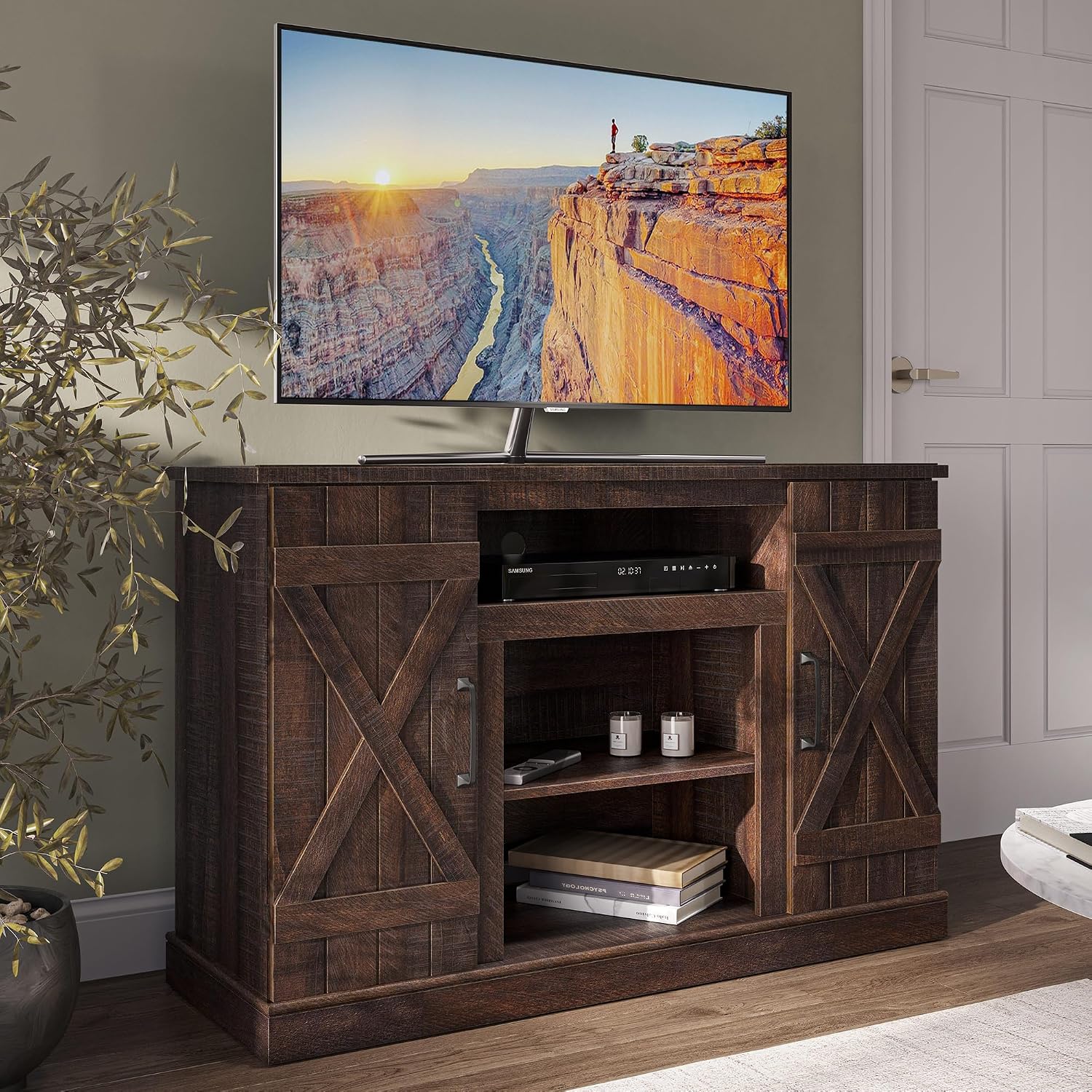 BELLEZE Industrial 47 Inch Rustic Wood TV Stand & Media Entertainment Center Console Table for TVs up to 50 Inch with Open Storage Shelves & Cabinets - Veropeso (Espresso)
