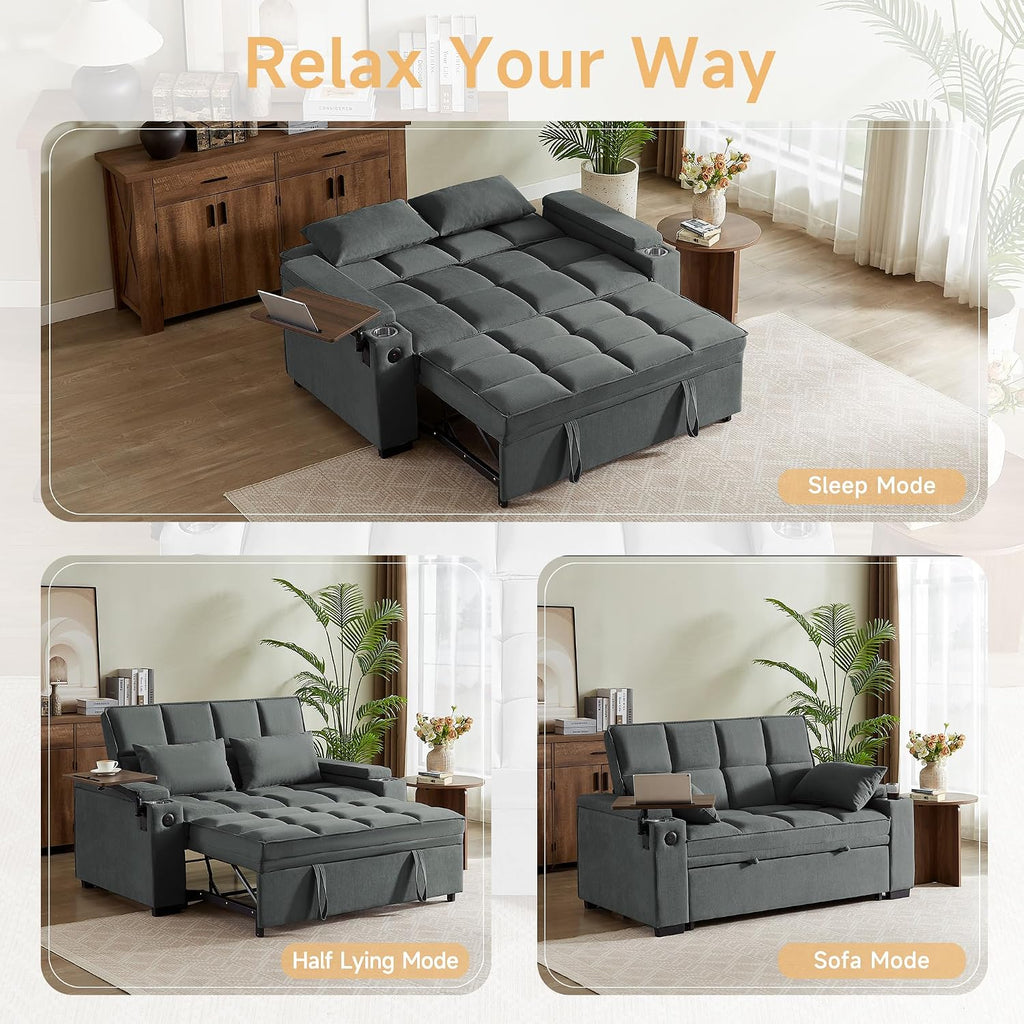 hansones 66' Multi-Functional Pull-Out Sofa Bed with Hidden Side Table, Storage Armrests, Built-in Charging Port, Spring Mattress, Solid Wood Frame – Ideal for Small Spaces, Easy Assembly