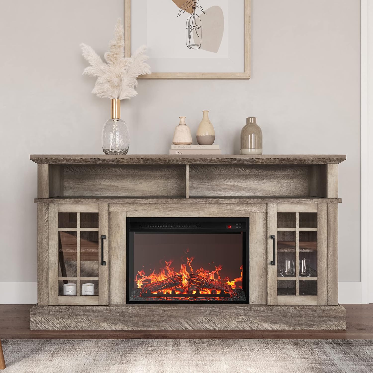 BELLEZE Traditional 58' Rustic TV Stand with 23' Electric Fireplace Heater with Sound, Media Entertainment Center Console Table for TV up to 65' with Open Storage Shelves and Cabinets - Ashland Pine