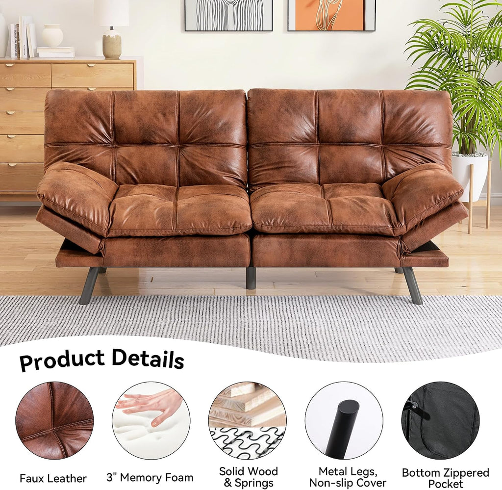 71' Convertible Futon Sofa Bed,Faux Leather Futon Couch,Memory Foam Loveseat Sleeper Sofa,Small Splitback Modern Folding Couch for Living Room,Office,Apartment,Saddle Brown