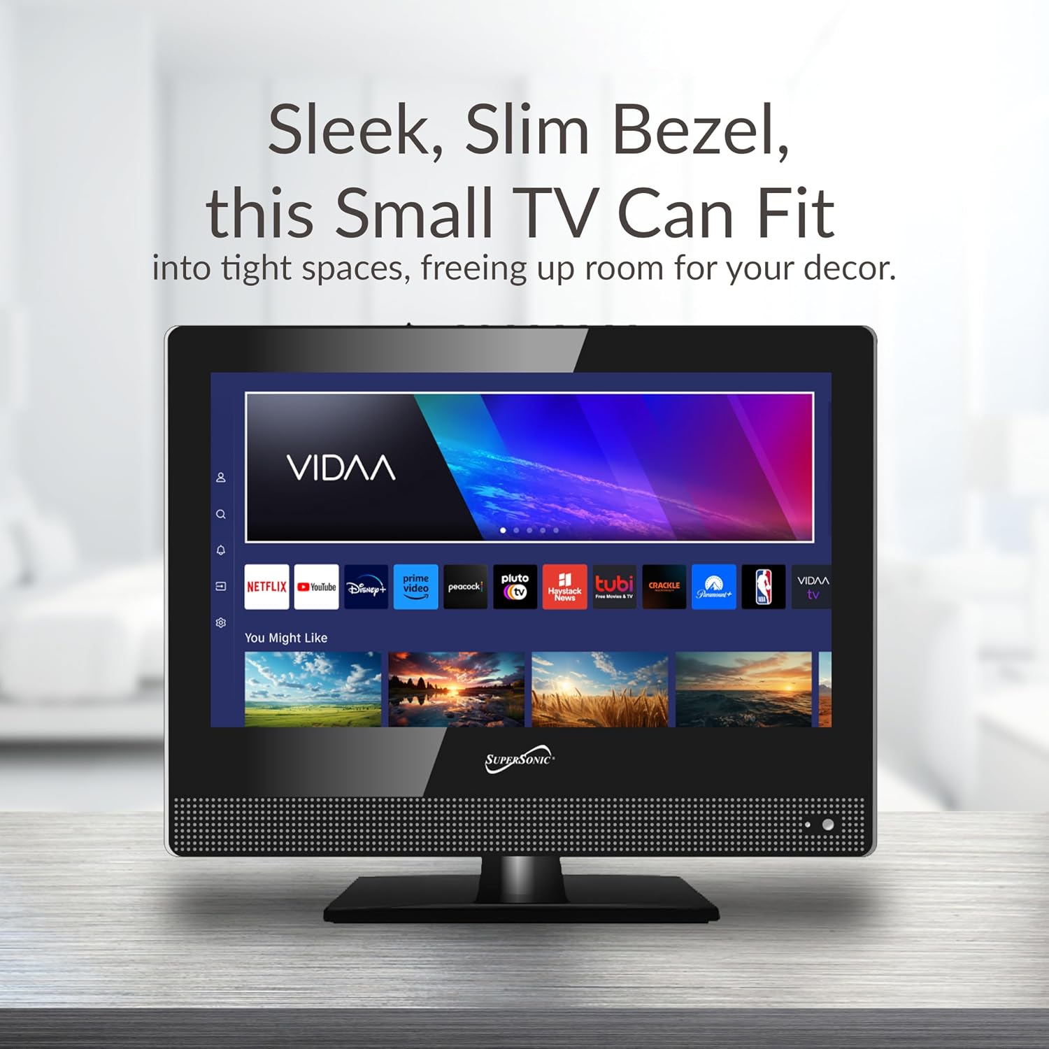 Supersonic SC-1520VTV 15.6 inch Smart AC/DC LED TV, Powered by VIDAA, 1080p, WiFi, Built-in Speakers, USB, 3X HDMI ARC, For Kitchen, RV, Boat, Truck, Playroom, Room, Remote, DC Car Cord INCLUDED-Black