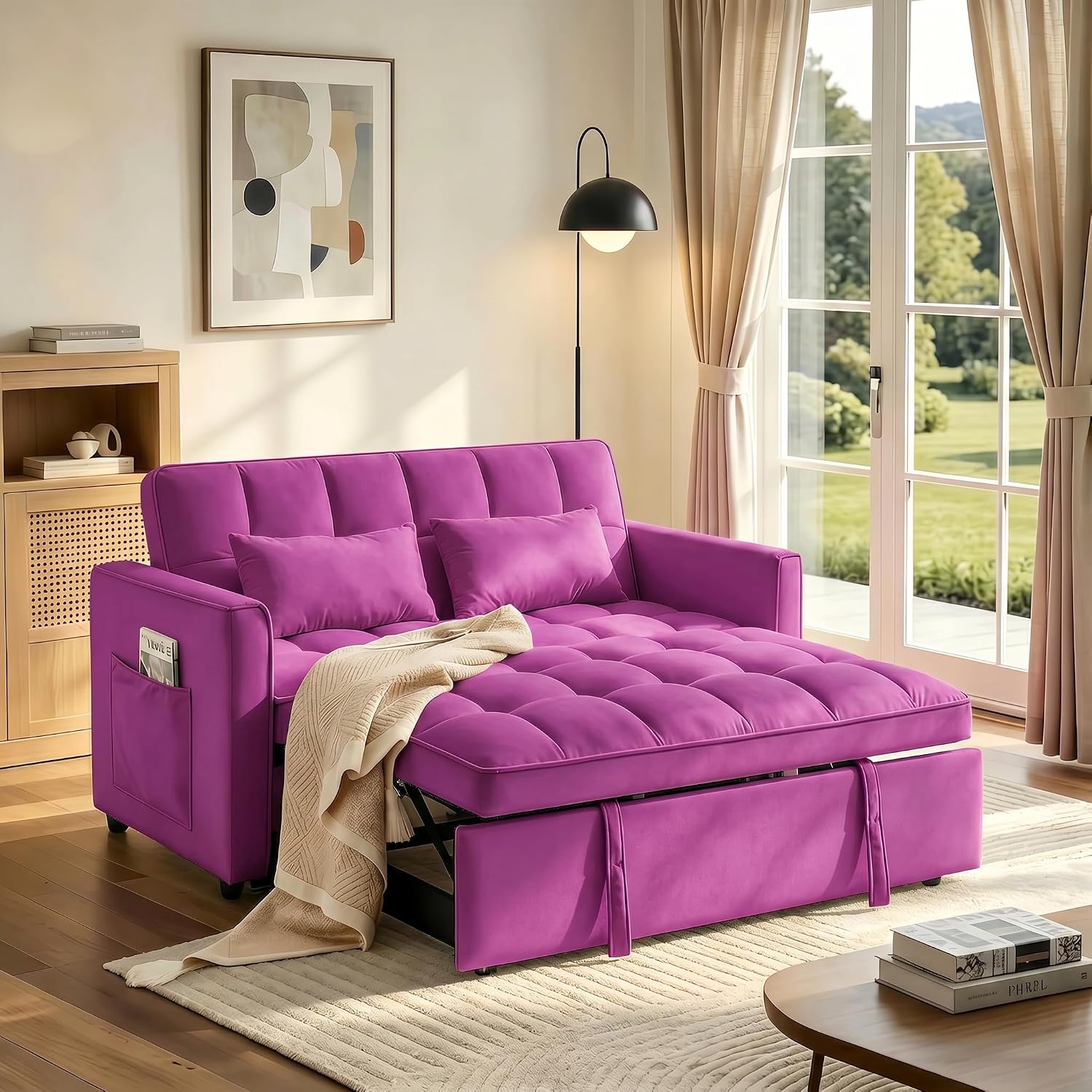 3 in 1 Convertible Sofa Bed, Loveseat Sleeper Sofa with Large Side Pockets, Pull Out Couch with Adjustable Backrest, Easy Assembly, Velvet Couch Bed for Small Spaces, Apartment, Deep Pink