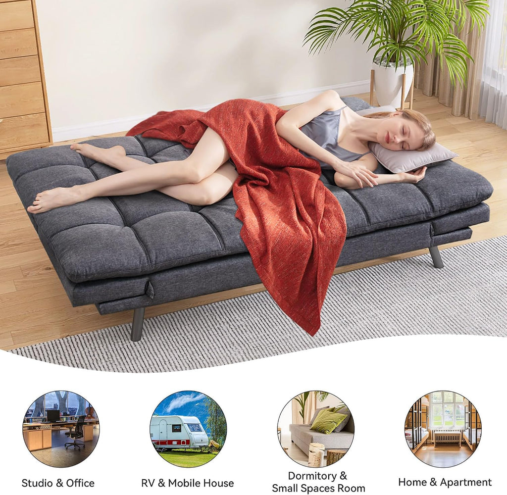 71' Convertible Futon Sofa Bed,Linen Fabric Futon Couch Bed,Memory Foam Sleeper Sofa,Modern Folding Small Loveseat for Living Room,Office,Apartment,Retro Grey