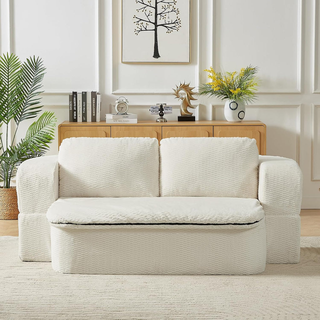 Futon Sofa Bed with Blanket, Convertible Folding Boneless Compressed Faux Fur Memory Foam Floor Loveseat Sleeper Sofa Couch Full Size Bed with Pillows for Guest Room Living Room Small Space, Beige