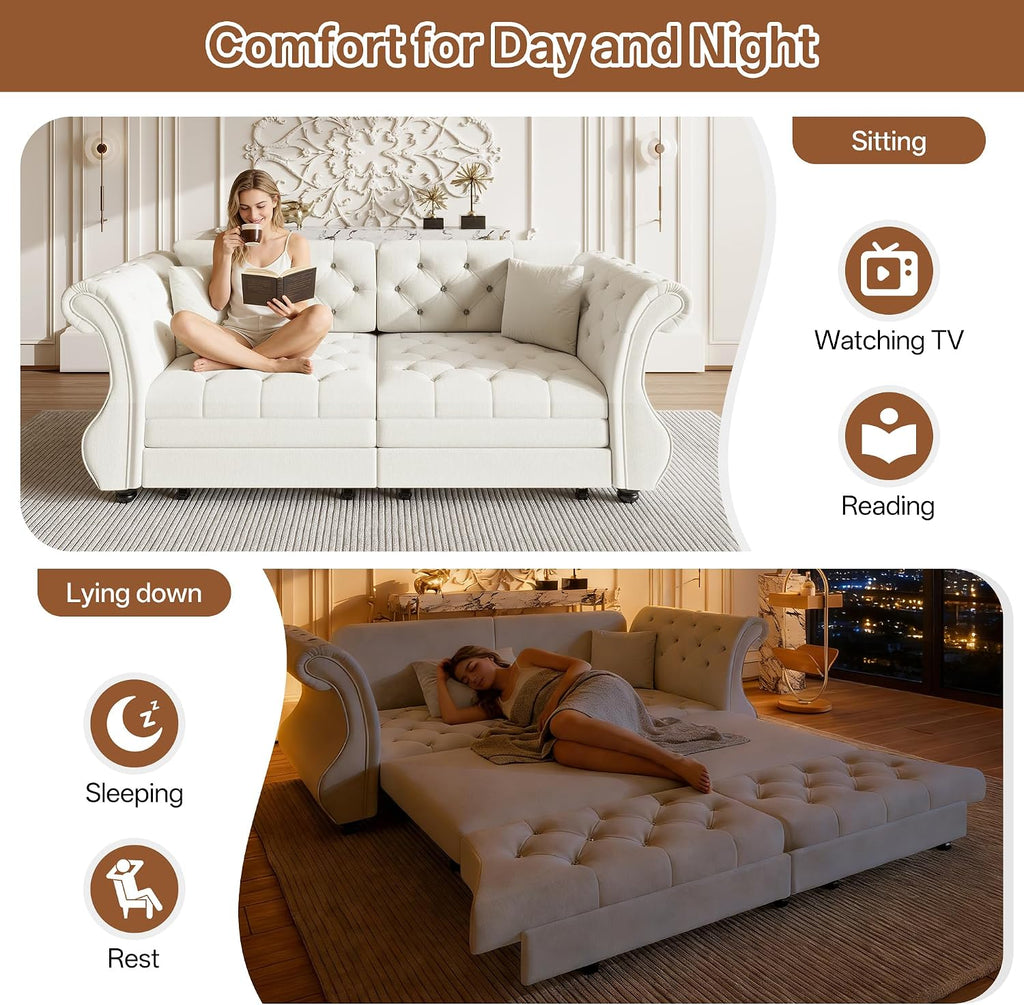 83.8'' Sleeper Sofa Bed Queen Size, Velvet Chesterfield Pull Out Couch, Flower Tufting Convertible Sofa, Comfy Loveseat, Modern Futon Couches, 2 Pillows for Living Room, Apartment, Beige