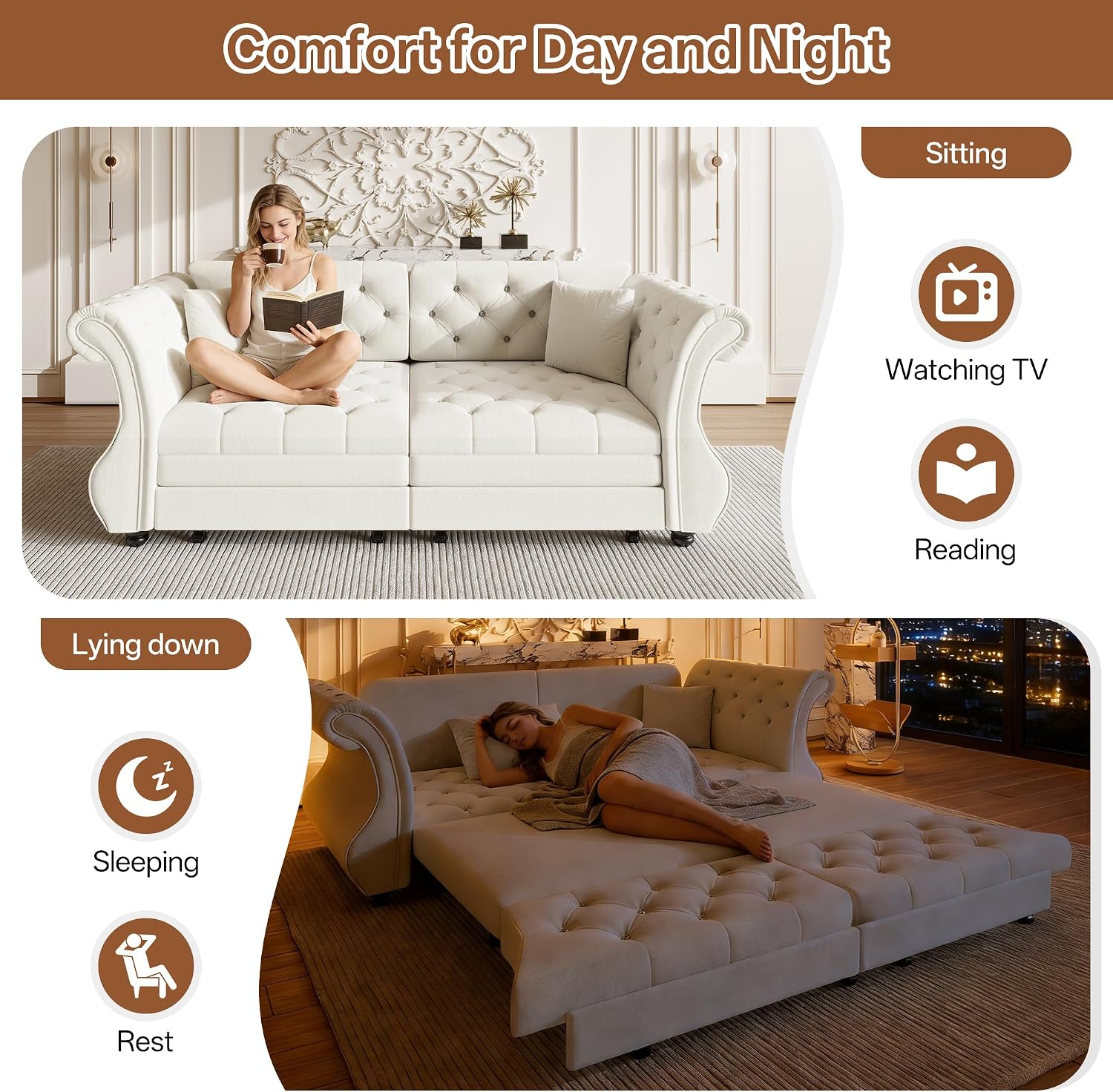 83.8'' Sleeper Sofa Bed Queen Size, Velvet Chesterfield Pull Out Couch, Flower Tufting Convertible Sofa, Comfy Loveseat, Modern Futon Couches, 2 Pillows for Living Room, Apartment, Beige
