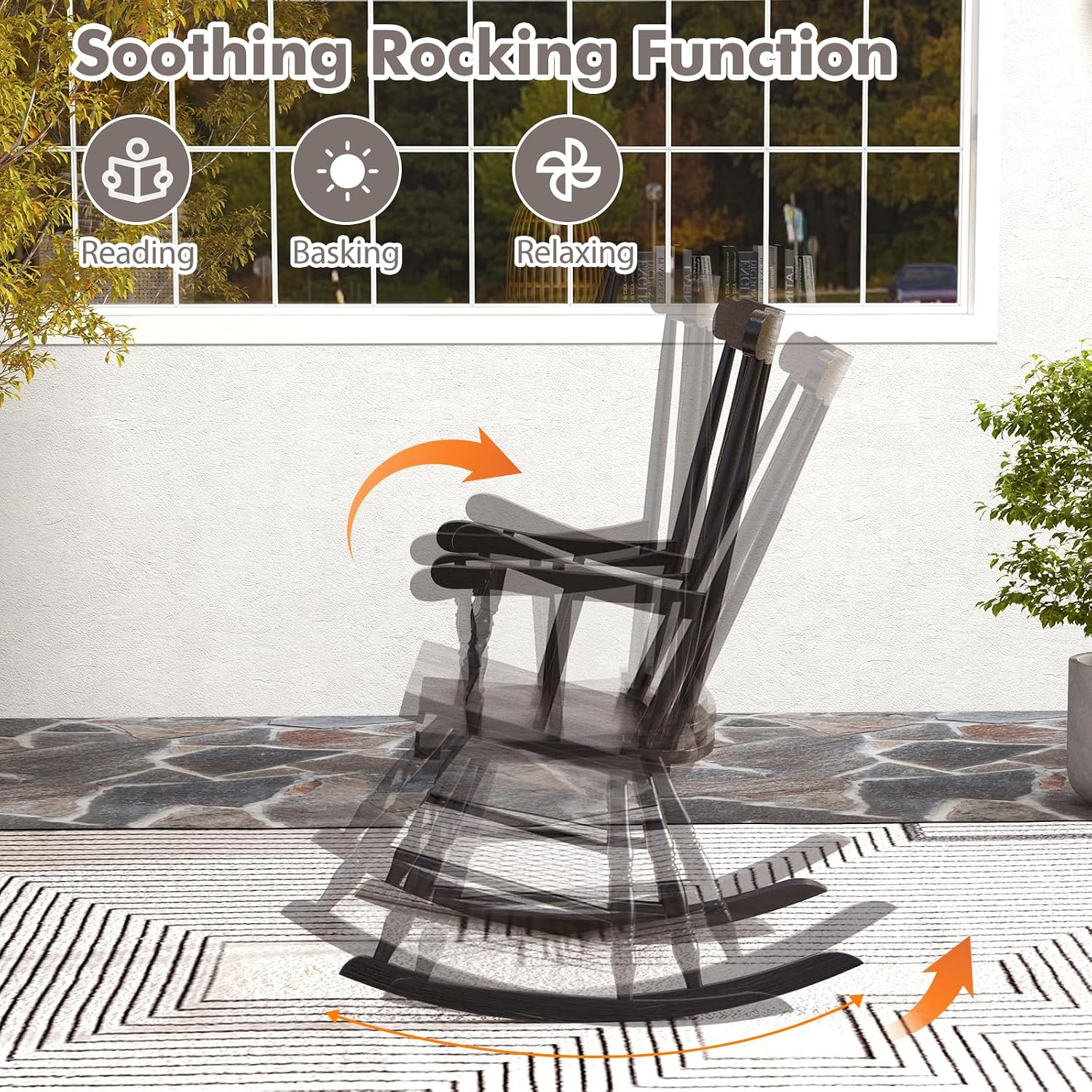 Tangkula Patio Rocking Chair Solid Rubber Wood, Outdoor Porch Rocker Chair with Rubber Wood Frame, Indoor Wooden Rocking Chair, Ideal for Garden, Backyard & Balcony (2, Espresso)