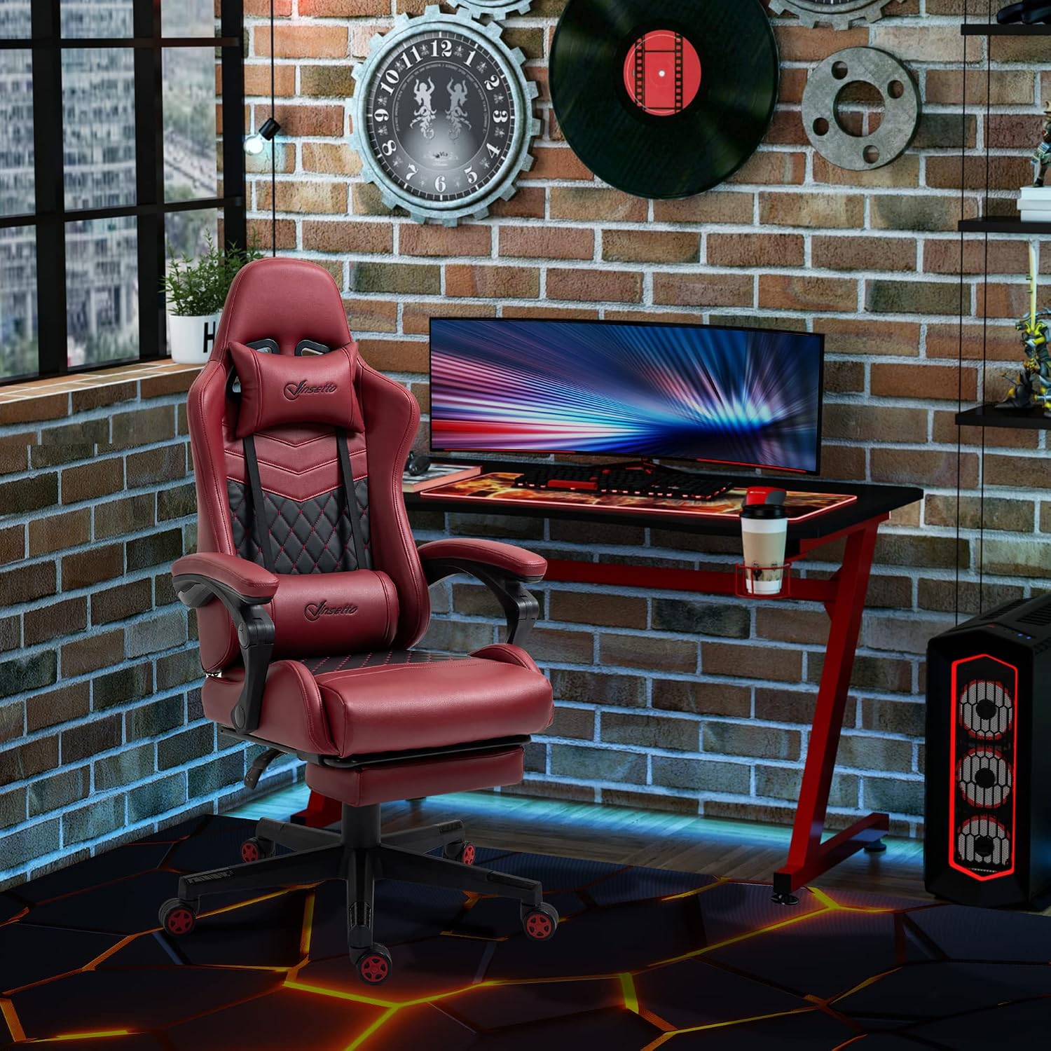 Ergonomic Office Chair with Massage Lumbar Support, 400 lbs High Back Swivel Rolling Desk Chairs, Adjustable Gaming Computer Chairs for Adults, Comfy Home Office Furniture for Bedroom Study,Red