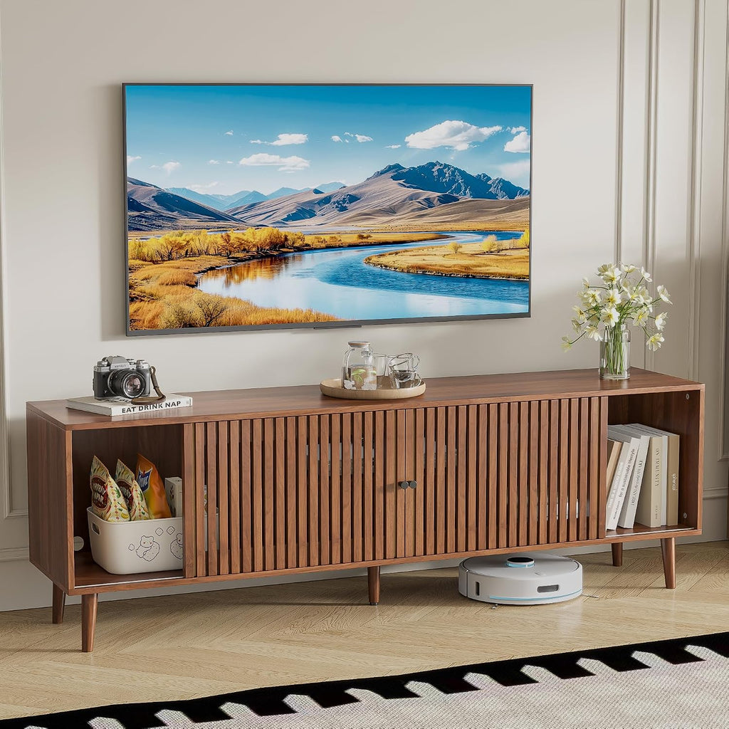 Oubayajia Mid Century Modern TV Stand for Televisions up to 70 Inches, with Sliding Doors and Storage, Television Stands, TV Consoles, Media Consoles for Living Room(Walnut-70inch)