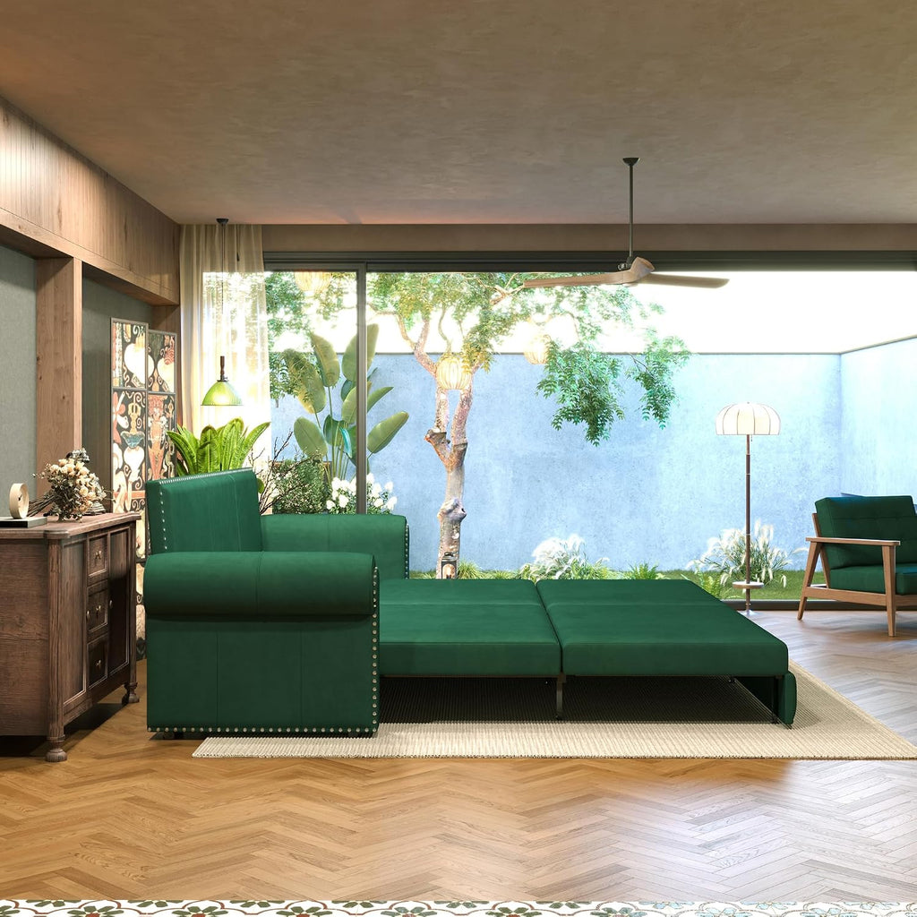 93.7' King Pull Out Sofa Bed, Velvet Sleeper Sofa Couch, 3 in 1 Convertible Futon Couches for Living Room, Small Space, Apartment, Office, Bedroom, Modern Rivet Armrest, Green