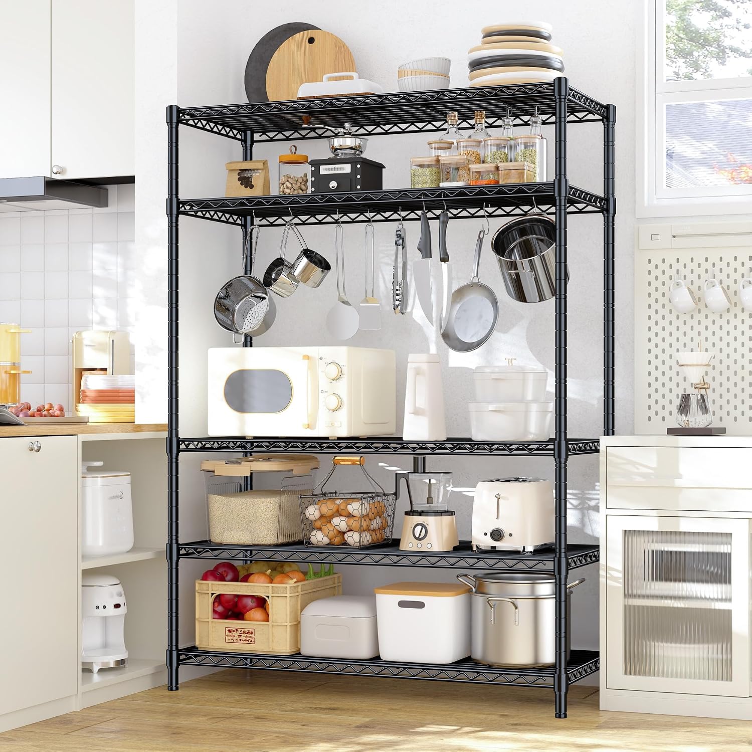 5 Tier Storage Shelves 71'H Wire Shelving Adjustable Metal Shelving,1000LBS Pantry Shelves Sturdy Steel Wire Shelf for Kitchen School Pantry Garage Warehouse ,71'H X35.5'W X13.8'D, Black,2P