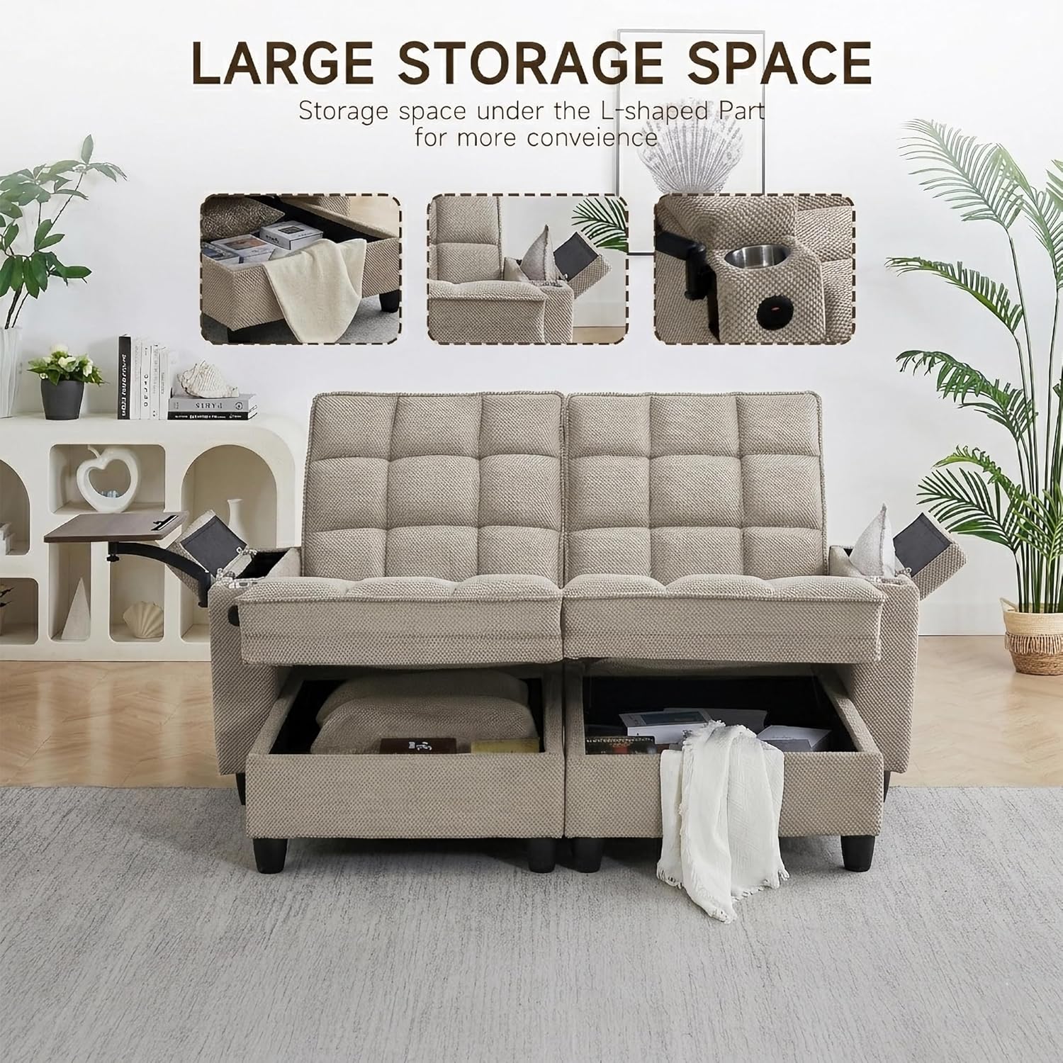 70.9' Chaise Lounge Chair Indoor, Oversized Boucle Upholstered Sofa Bed, Adjustable Backrest Deep Seat Reading Chair, Sofas Couches for Living Room with Storage, Cup Holders and 360° Swivel Side Table