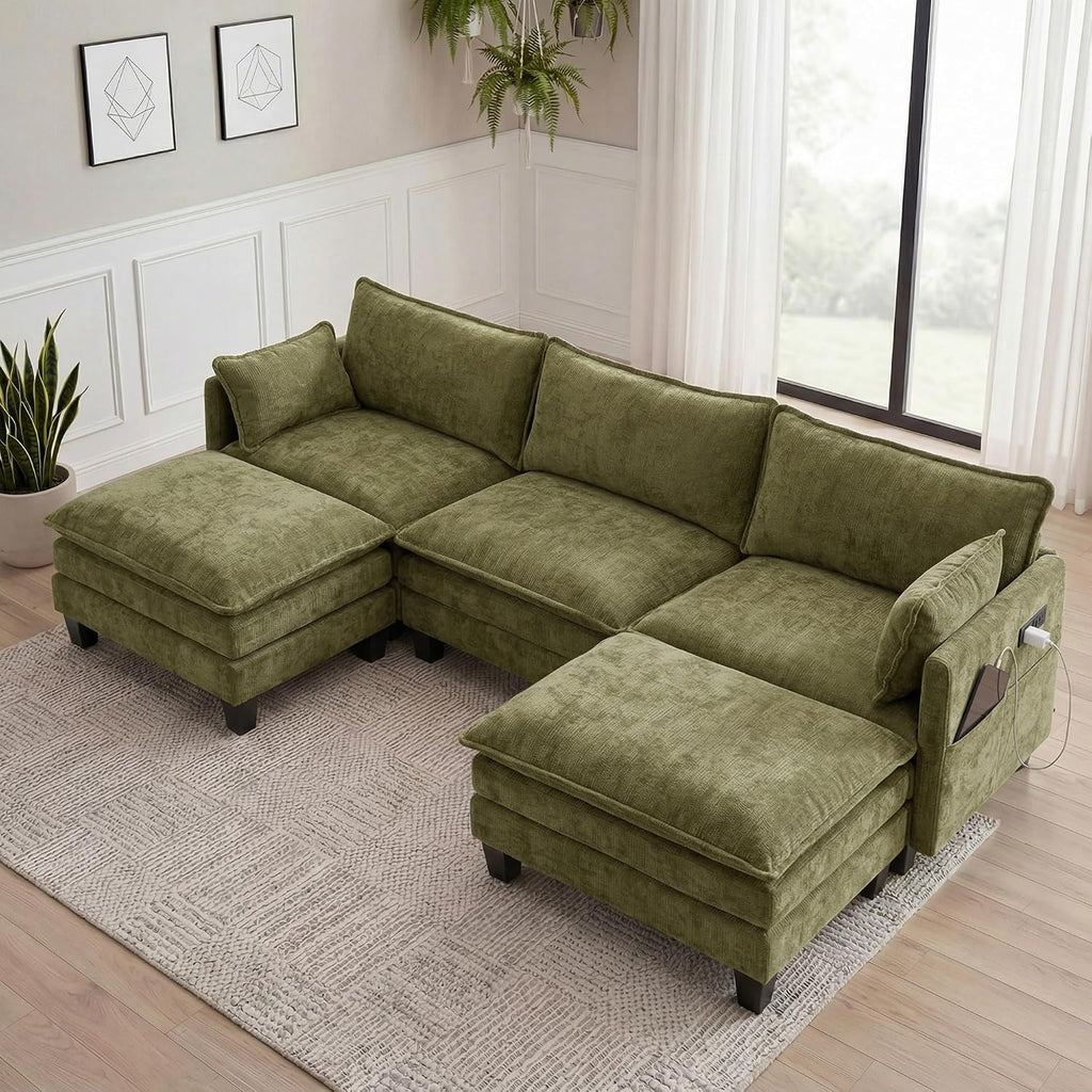 Eafurn Modular Sectional Sofa with Movable Ottomans for Living Room, 4 Seater Convertible U Shaped Sectional Couch Modern Reversible Chenille Sofa Set w/USB Ports and Side Pockets