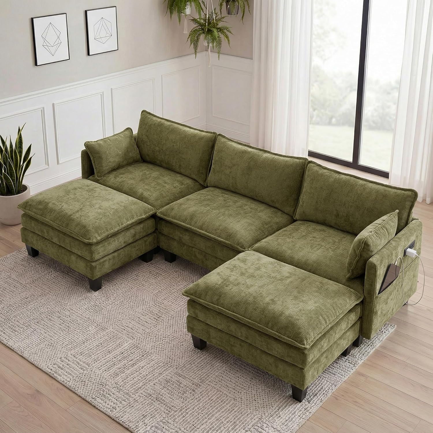 Eafurn Modular Sectional Sofa with Movable Ottomans for Living Room, 4 Seater Convertible U Shaped Sectional Couch Modern Reversible Chenille Sofa Set w/USB Ports and Side Pockets