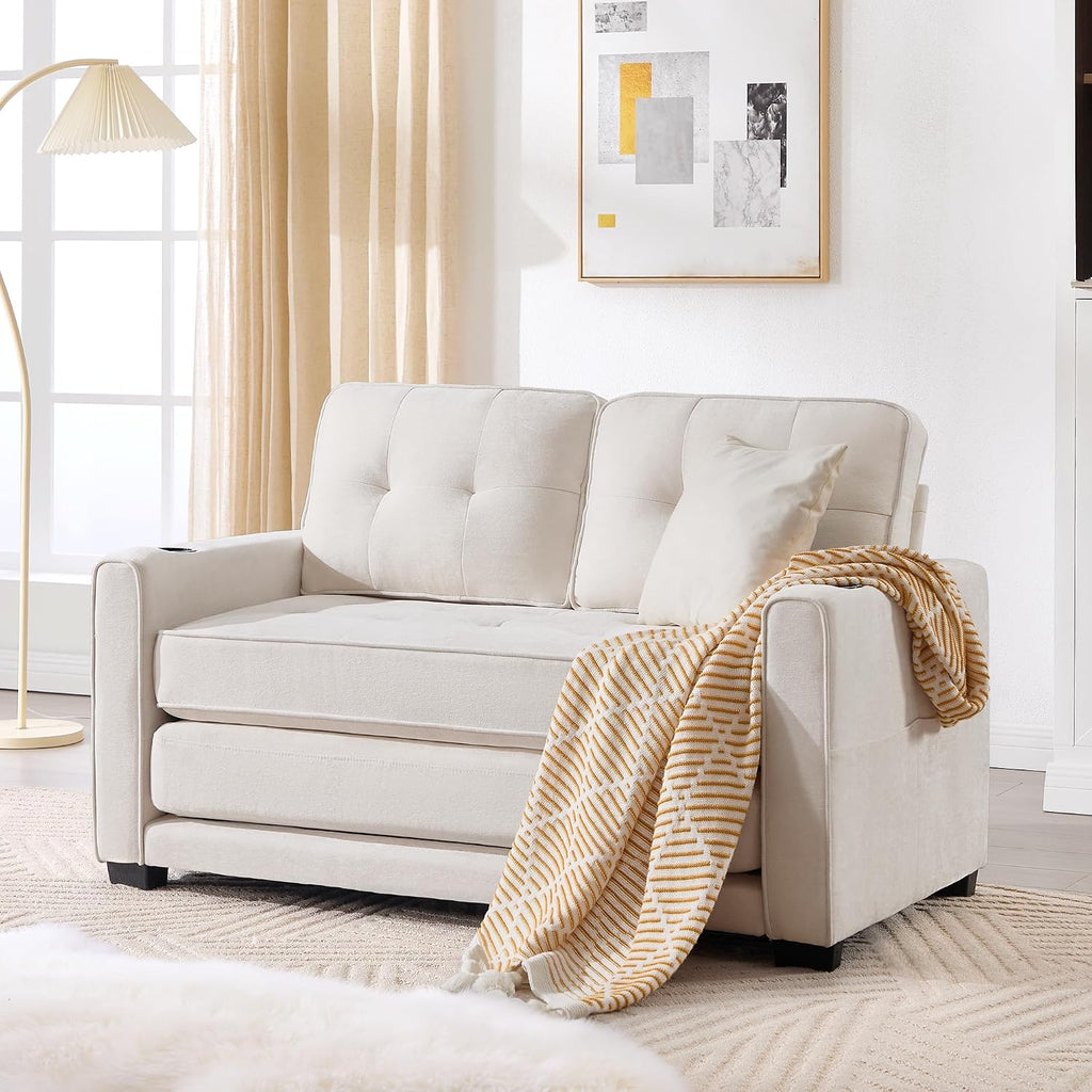 Convertible Sofa Bed, Pull Out Loveseat Sleeper Couch,Linen Fabric 2 in 1 Folding Couch Bed, Fold Out Floor Futon Couches with Cup Holder for Living Room, Bedroom,Small Space, Beige