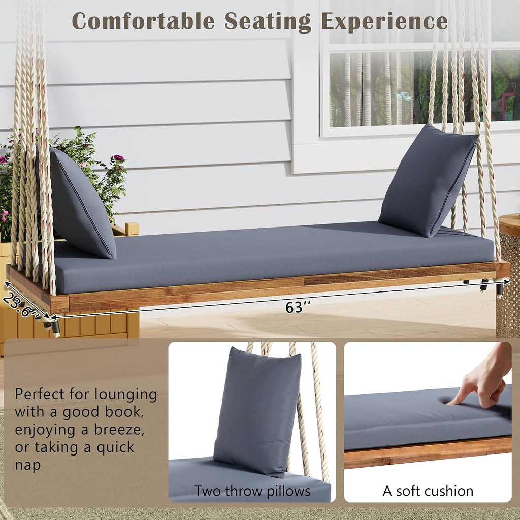 Merax Outdoor Patio Wooden Swing Chair, 2-Seat Hanging Porch Hammock Bench with Cushion & Pillows, 10.8Ft Hemp Ropes for Garden, Backyard, Lawn, Natural