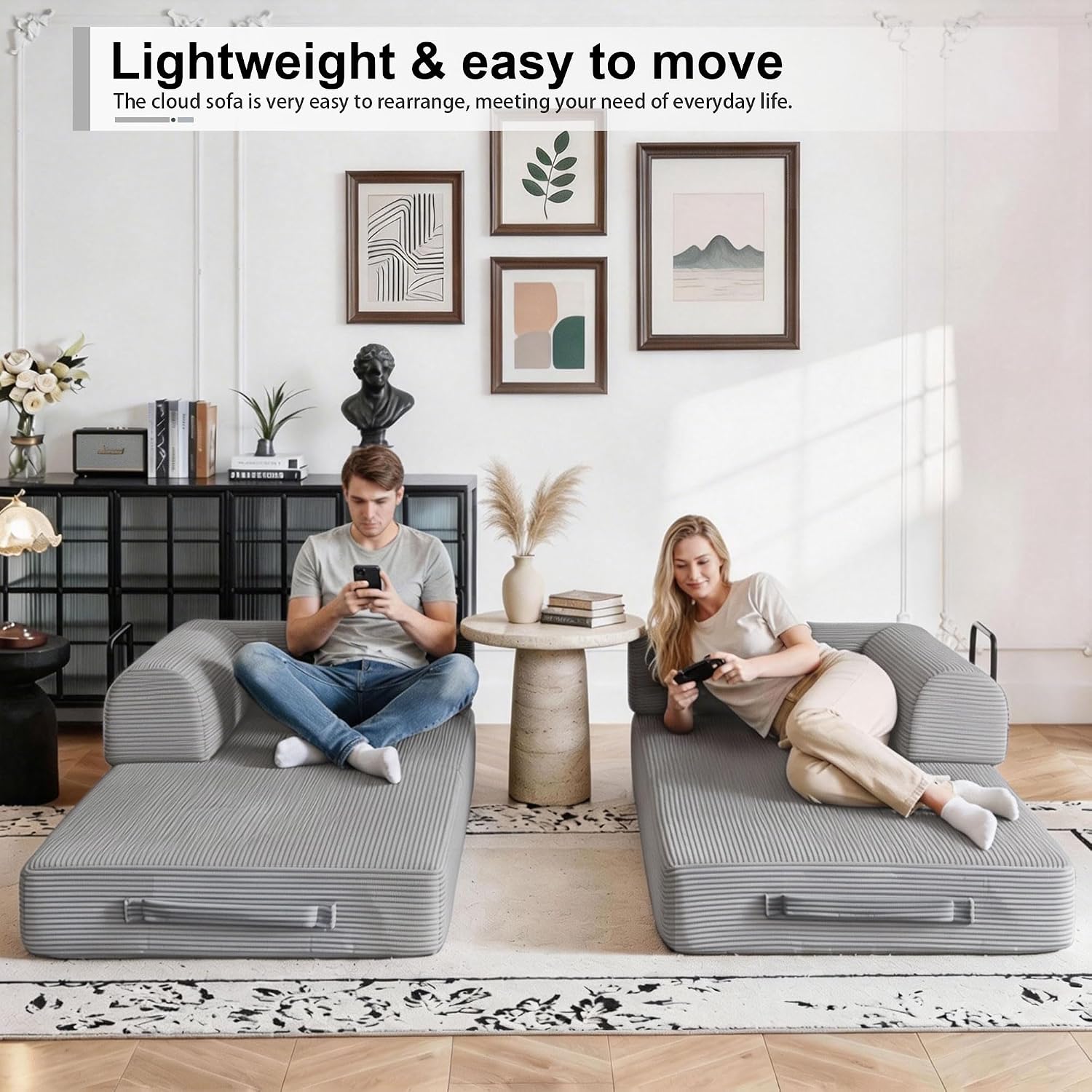 JJJ 63 inch Sofa Bed 4-in-1 Boneless Convertible Corduroy Sleeper Folding Couch with Fixed-Shape Frame and 2 Futons No Assemble Required 3 Seater Upholstered for Living Room (Light Grey, 63 inch)
