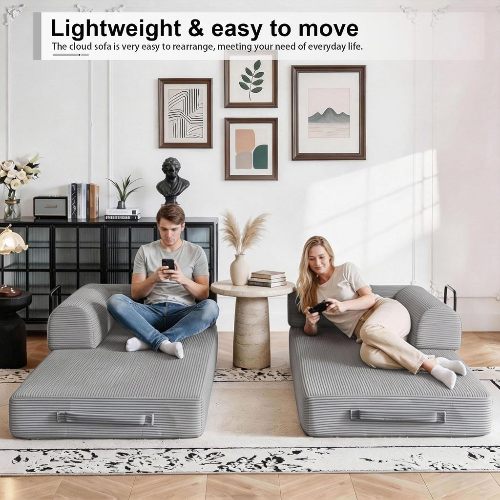JJJ 78 inch Sofa Bed 4-in-1 Boneless Convertible Corduroy Sleeper Folding Couch with Fixed-Shape Frame and 2 Futons No Assemble Required 3 Seater Upholstered for Living Room (Light Grey, 78 inch)