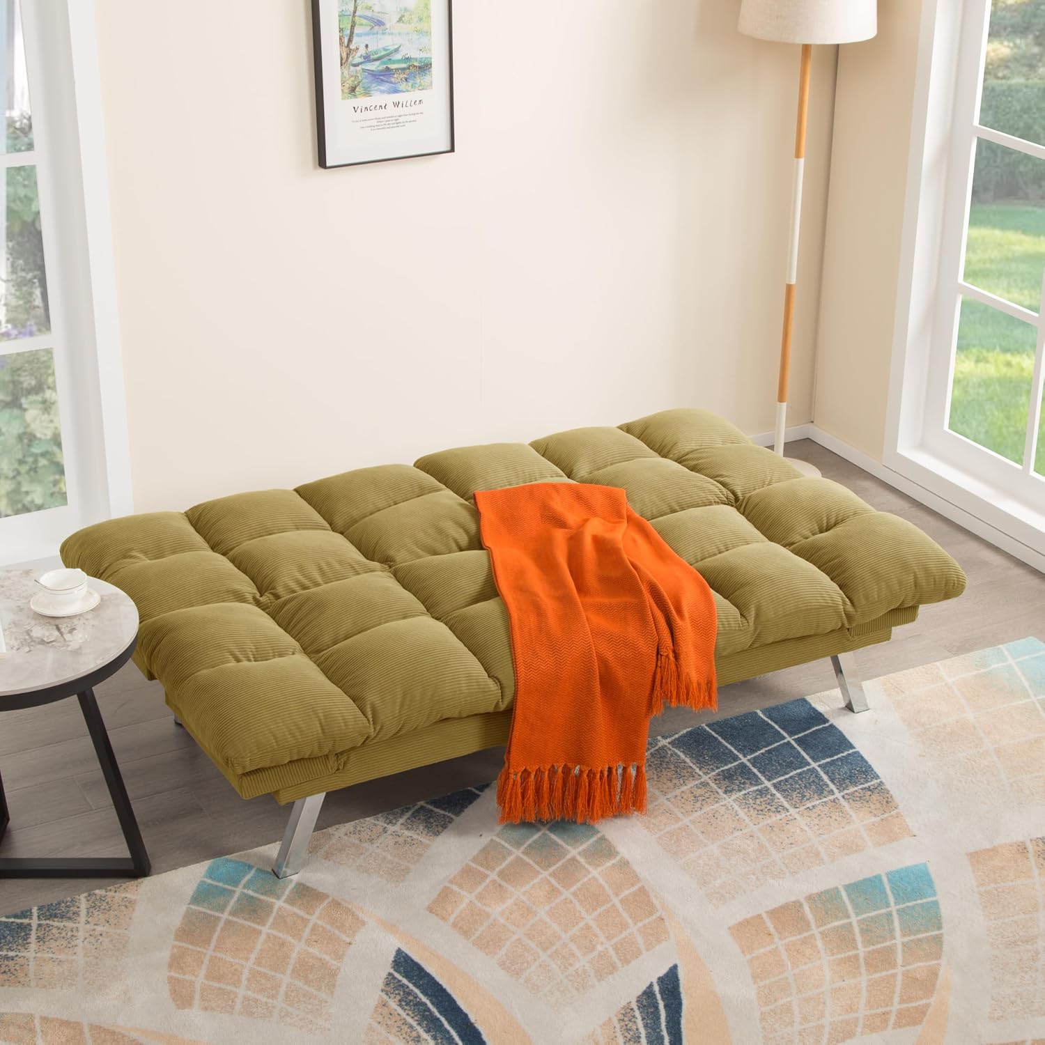 Modern Yellow Corduroy Convertible Folding Futon Couch Sofa Bed Adjustable Pillow Top Arm Memory Foam Couch Double Loveseat Sofas for Compact Living Space, Apartment, Bedroom (67.3' Yellow)