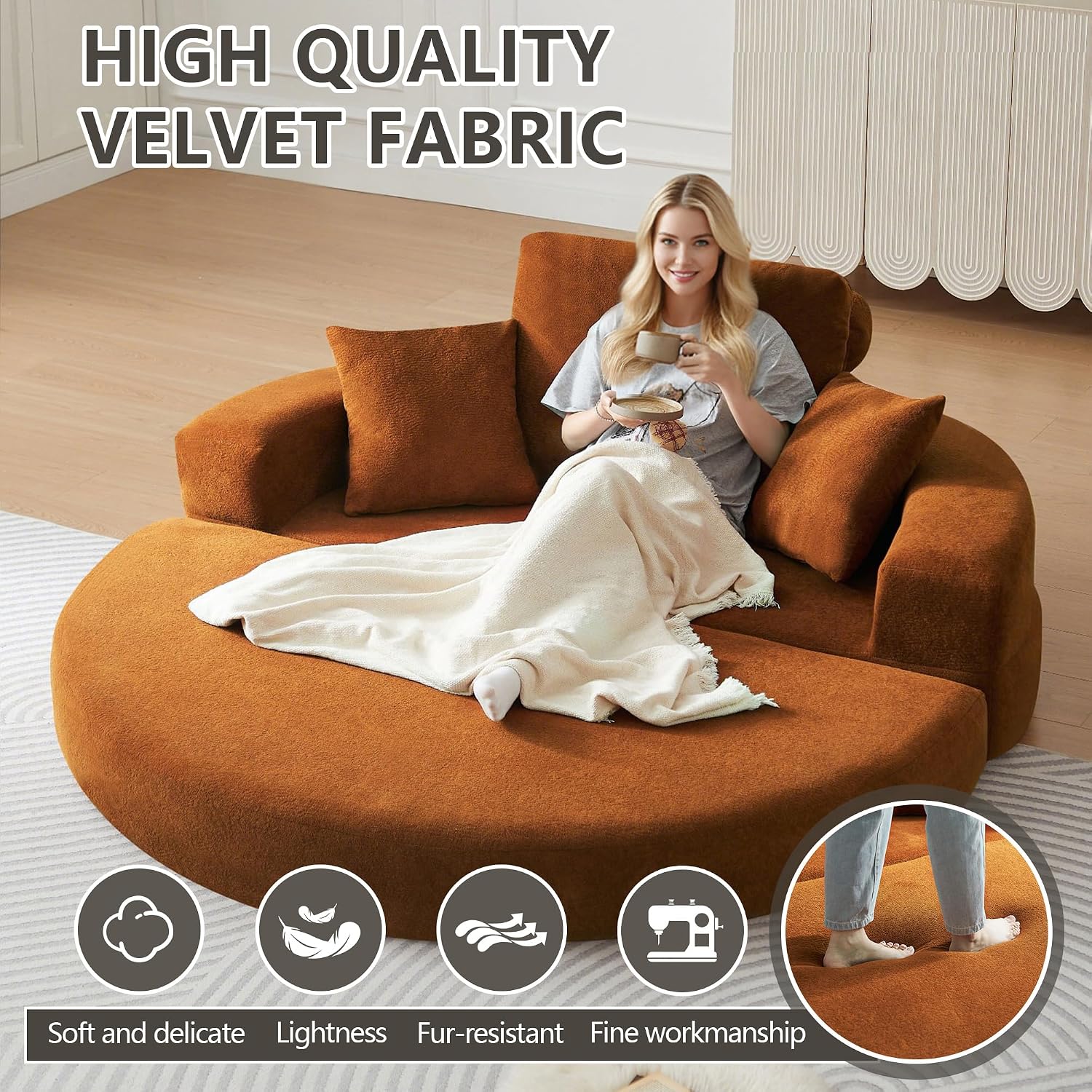71' Boneless Couch Sofa Bed Oversized Round Couch 2-in-1 Foldable Floor Loveseat Sofa for Living Room and Apartment No Assembly (Orange, 71')