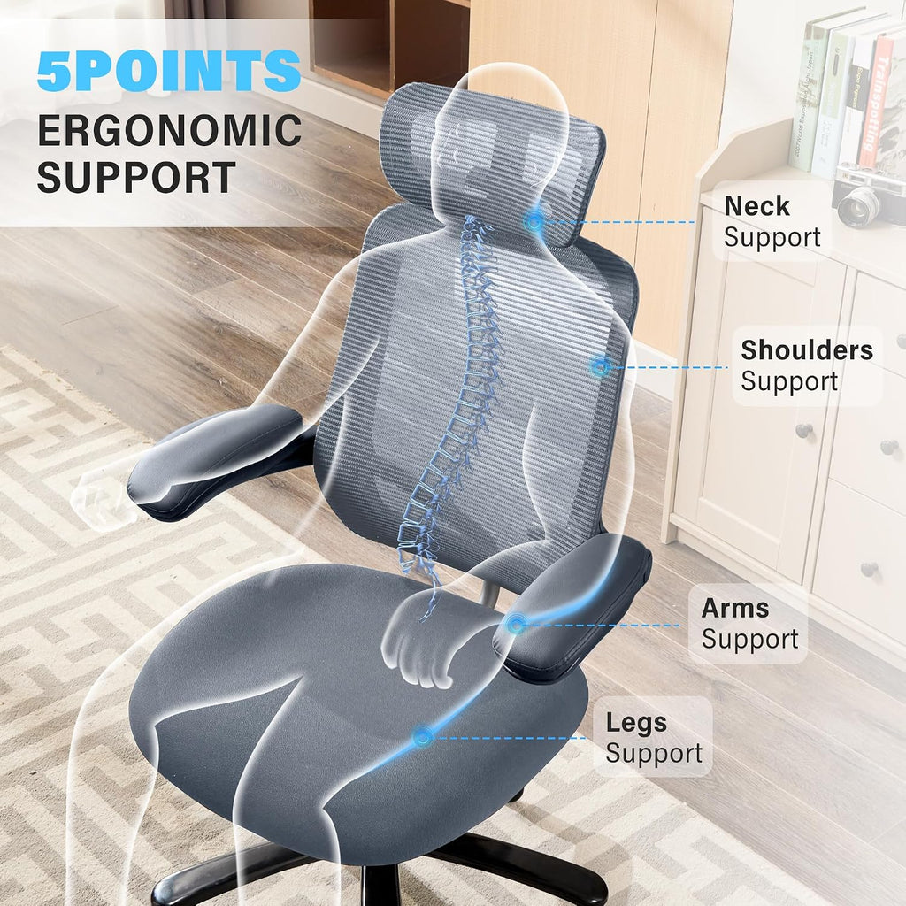 500lbs Big and Tall Office Chair - Heavy Duty Mesh Ergonomic Desk Chair with Headrest, High Back Computer Chair - Flip-up Armrests, Wide Thick Seat Cushion, Quiet Wheels, Grey