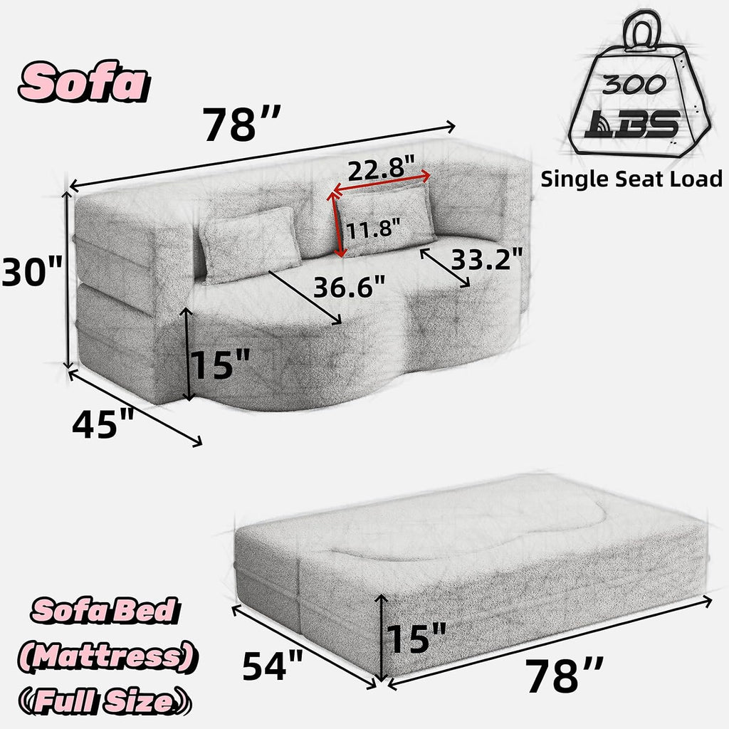 CAPCAEK Folding Foam Sofa Bed,15' Full Size Floor Couch,Convertible Teddy Fabric Foam-Filled Sleeper Futon Loveseat Couch for Living Room, Guest Use, Office, Apartmen (Pink)