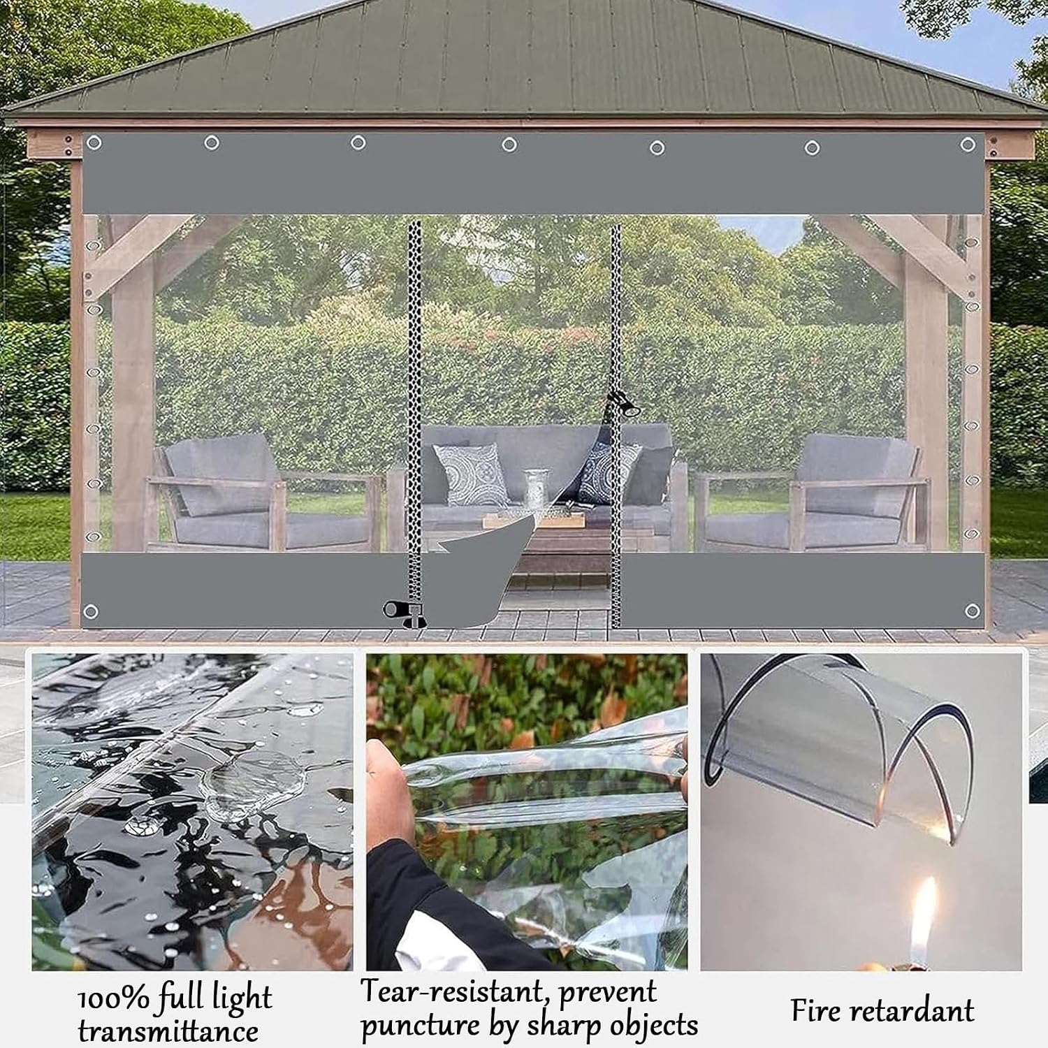 Outdoor Tarp Curtains with Zipper Door,Outdoor Clear Waterproof Tarpaulin Curtains,Waterproof Clear Tarp Curtains,PVC Plastic Tarpaulin with Zipper,for Pergola Gazebo(6x9m/19.7x29.53ft)