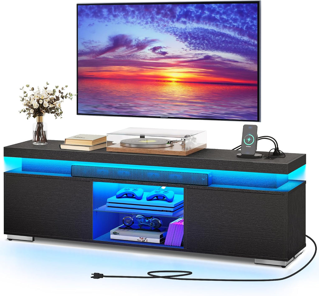 YITAHOME Black TV Stand for 65 inch TV, Entertainment Center with Storage, Modern LED TV Stand w/Power Outlets for Living Room, TV Console Media Cabinet, Black