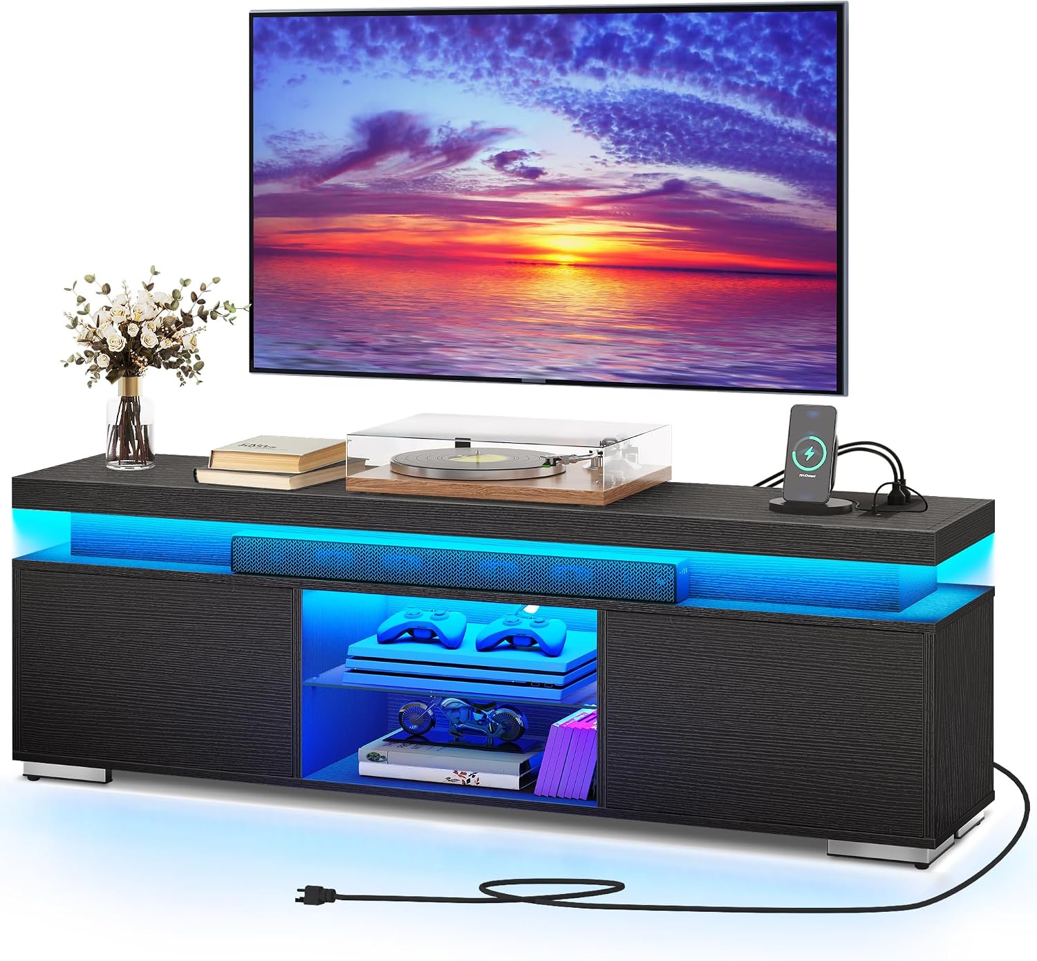 YITAHOME Black TV Stand for 65 inch TV, Entertainment Center with Storage, Modern LED TV Stand w/Power Outlets for Living Room, TV Console Media Cabinet, Black
