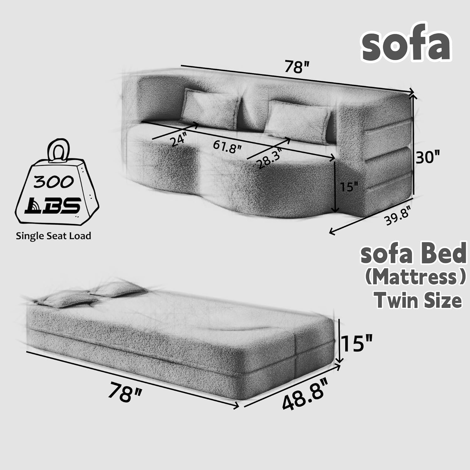 CAPCAEK 2 in 1 Convertible Folding Sofa Bed Twin Size, Modern Corduroy Fabric Boneless Couch Bed with Pillow, Futon Loveseat Sleeper Sofa for Living Room, Office, Guest Use, Apartment
