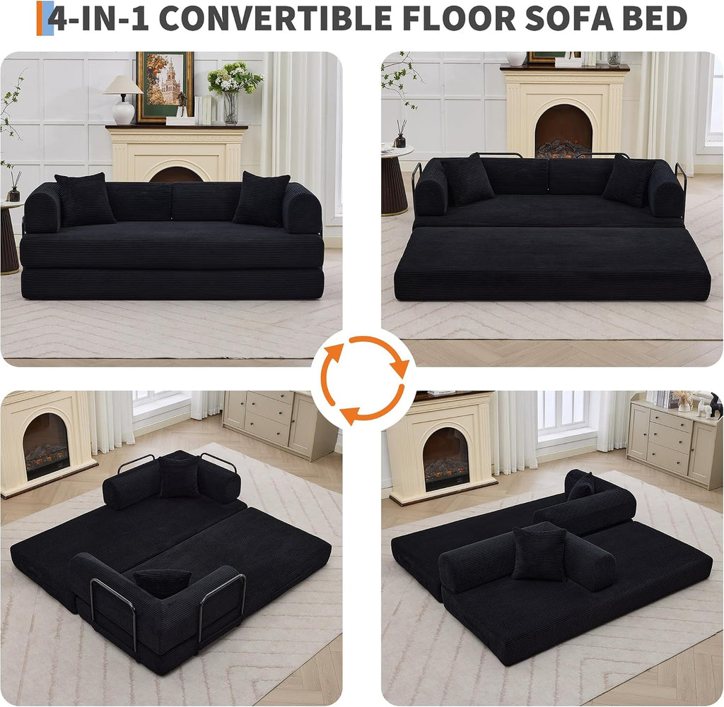 IDEALHOUSE 4 in 1 Convertible Sleeper Sofa Bed Couch, 79 Inch Boneless Corduroy Floor Couch with Pillows, No Assembly, Modern Deep Seat Sofa Futon Mattress for Living Room,Apartment,Black