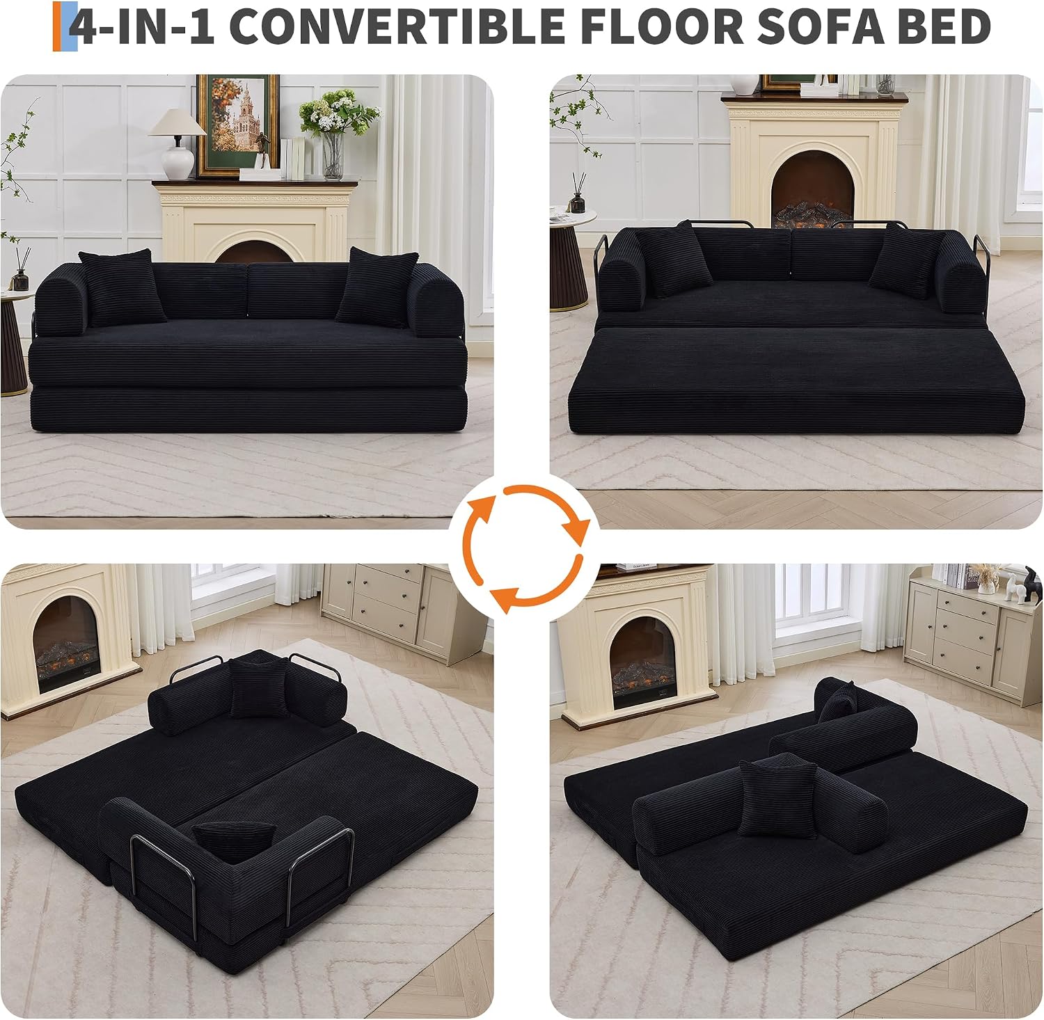 IDEALHOUSE 4 in 1 Convertible Sleeper Sofa Bed Couch, 79 Inch Boneless Corduroy Floor Couch with Pillows, No Assembly, Modern Deep Seat Sofa Futon Mattress for Living Room,Apartment,Black