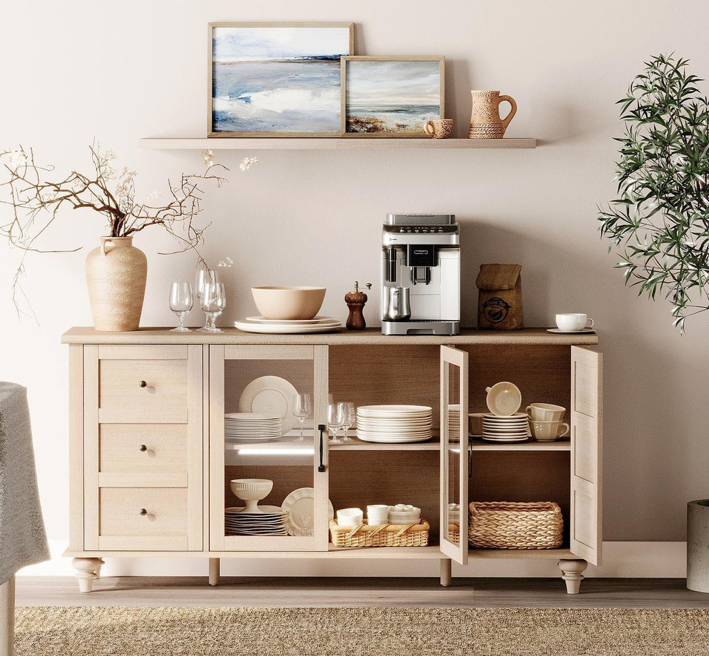 WAMPAT Glass Door TV Stand for TVs up to 75 inch, Wood TV Console Table with 4 Storage Cabinets, Farmhouse Television Stands for Living Room, 58 Inch, Beige