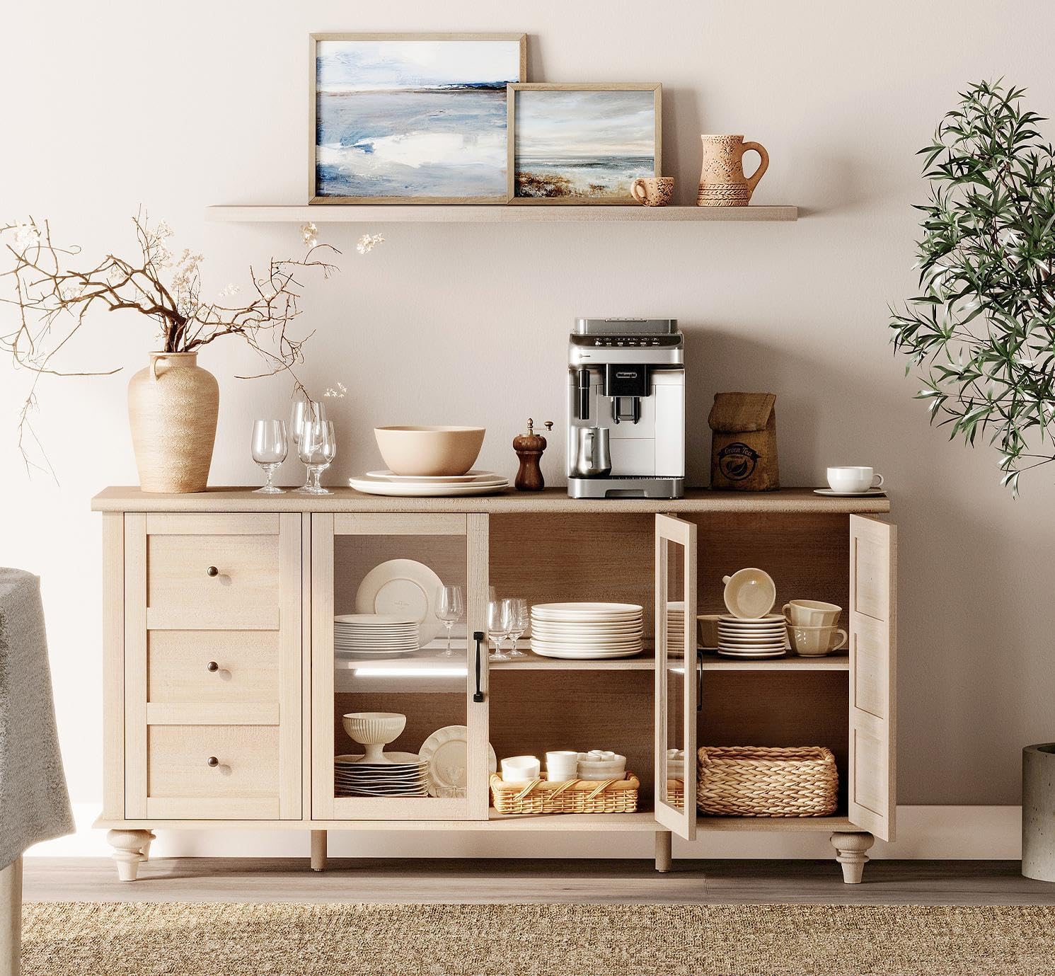 WAMPAT Glass Door TV Stand for TVs up to 75 inch, Wood TV Console Table with 4 Storage Cabinets, Farmhouse Television Stands for Living Room, 58 Inch, Beige