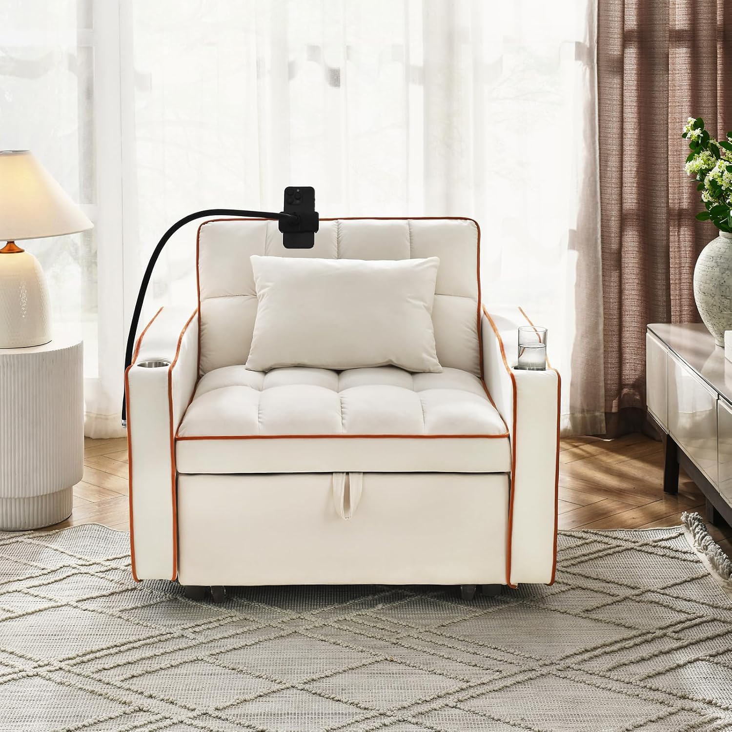 3 in 1 Convertible Sleeper Chair Bed with USB Ports, Cup Holder and Phone Stand, Velvet Pull Out Futon Sofa Beds, Adjustable Backrest Single Sofa Chair for Small Spaces, Living Room, Office (Beige)