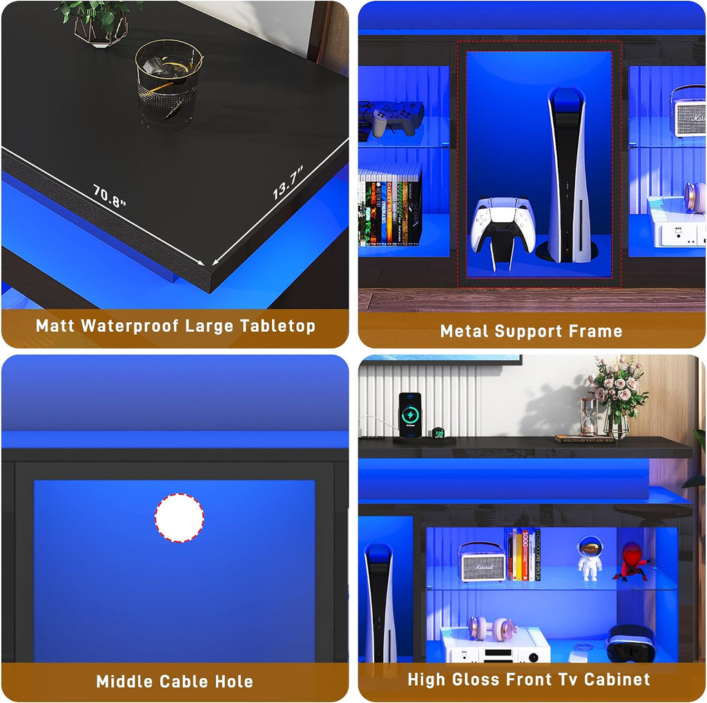 71' LED TV Stand with Power Outlet,60-Colors LED Lights For 65 70 80 in TV,High Gloss Gaming Entertainment Center w/Adjustable Shelves,Black TV Console with Modern Design for Living Room Bedroom