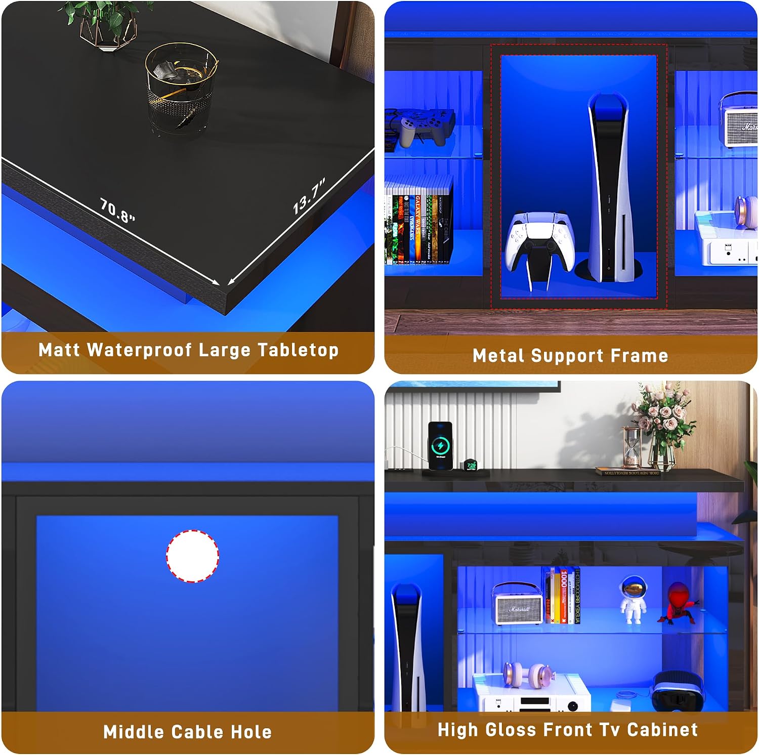 71' LED TV Stand with Power Outlet,60-Colors LED Lights For 65 70 80 in TV,High Gloss Gaming Entertainment Center w/Adjustable Shelves,Black TV Console with Modern Design for Living Room Bedroom