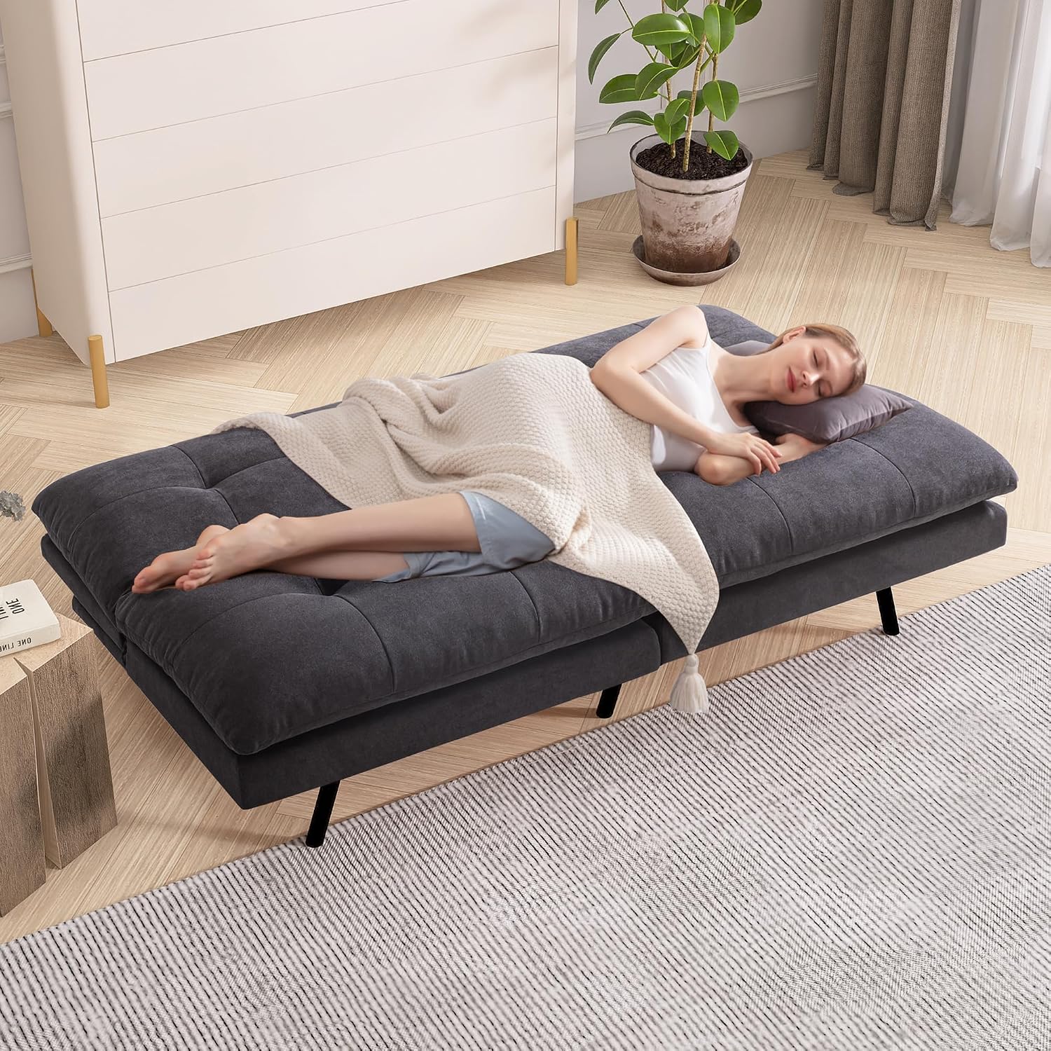 Convertible Futon Sofa Bed,Memory Foam Linen Fabric Futon Couch with Adjustable Backrest,Folding Loveseat Sleeper Recliner for for Living Room,Office,Apartment,Deep Black