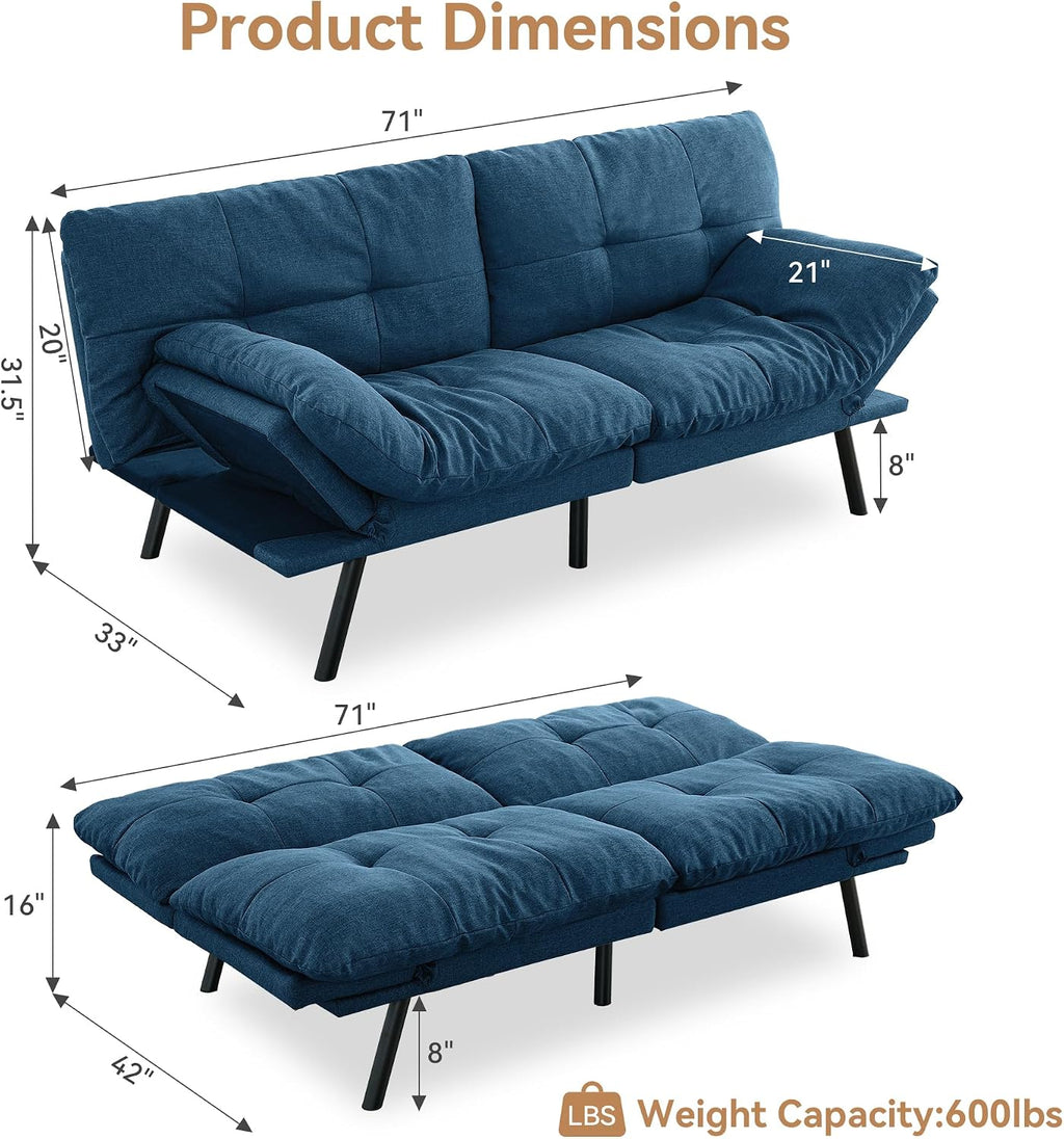 Convertible Futon Sofa Bed,71' Modern Fabric Futon Couch with Adjustable Backrest&Armrest,Small Loveseat Sleeper Sofa,Dorm Futonsofa for Apartment,Living Room,Detachable Cushions,Navy Blue