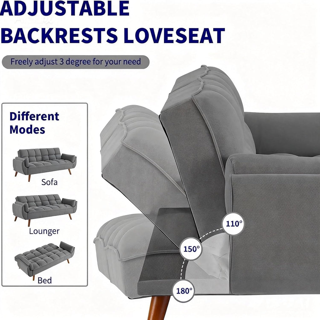 Convertible Futon Sofa Bed, Modern Futon Couch with 2 Pillows, Small Futons Couch with Adjustable Armrest & Backrest, Loveseat Sofa Bed for Living Room, Bedroom, Dark Gray