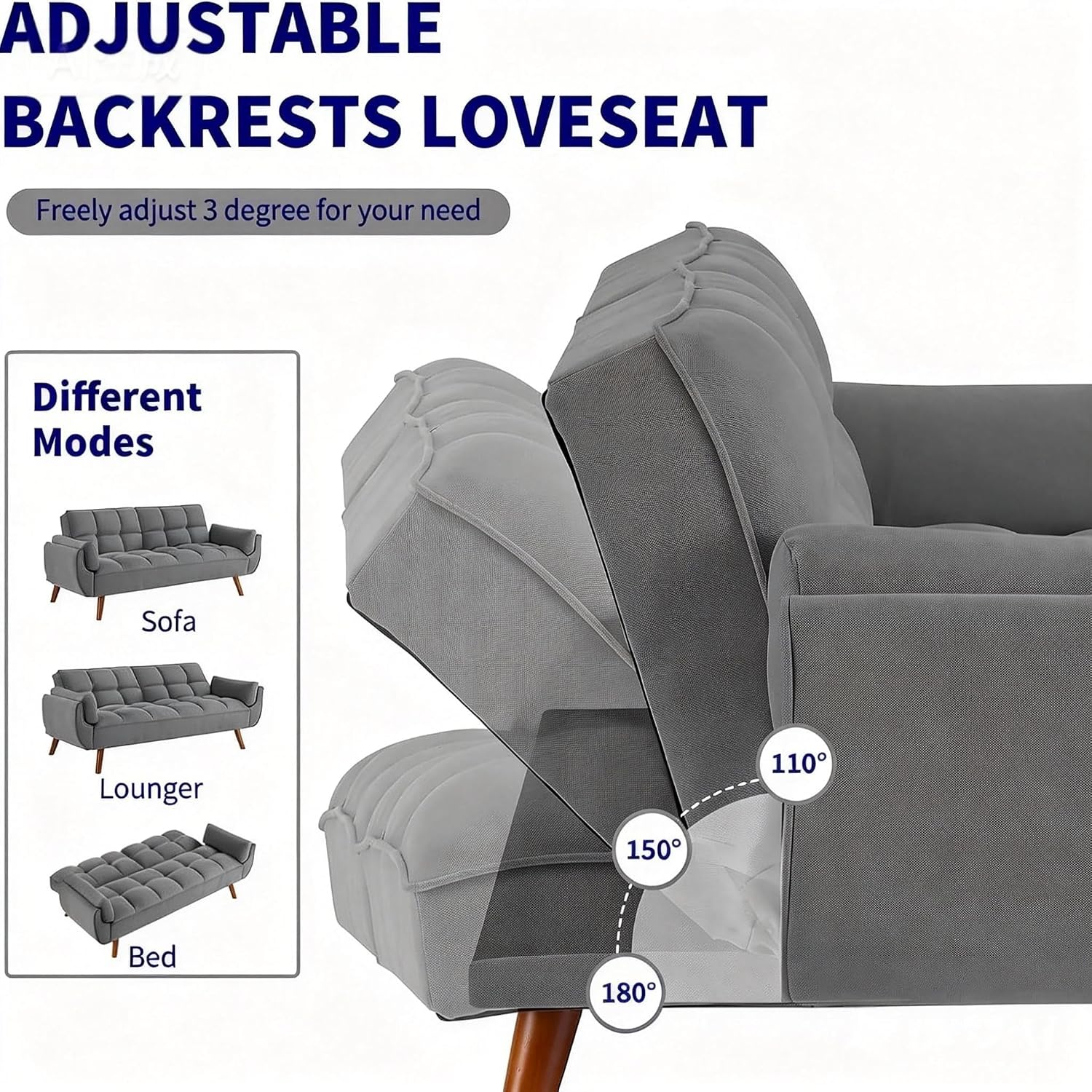 Convertible Futon Sofa Bed, Modern Futon Couch with 2 Pillows, Small Futons Couch with Adjustable Armrest & Backrest, Loveseat Sofa Bed for Living Room, Bedroom, Dark Gray