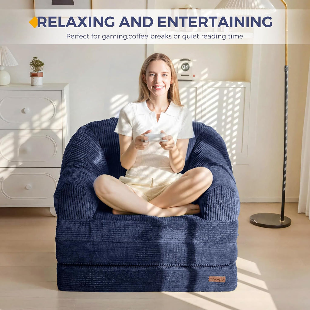 MAXYOYO Folding Sofa Bed with Backrest, Boneless Fold Out Couch Bed with Handle, 2 in 1 Convertible Bean Bag Chair to Floor Sofa Lounger, Comfy Folding Couch for Bedroom & Living Room, Navy